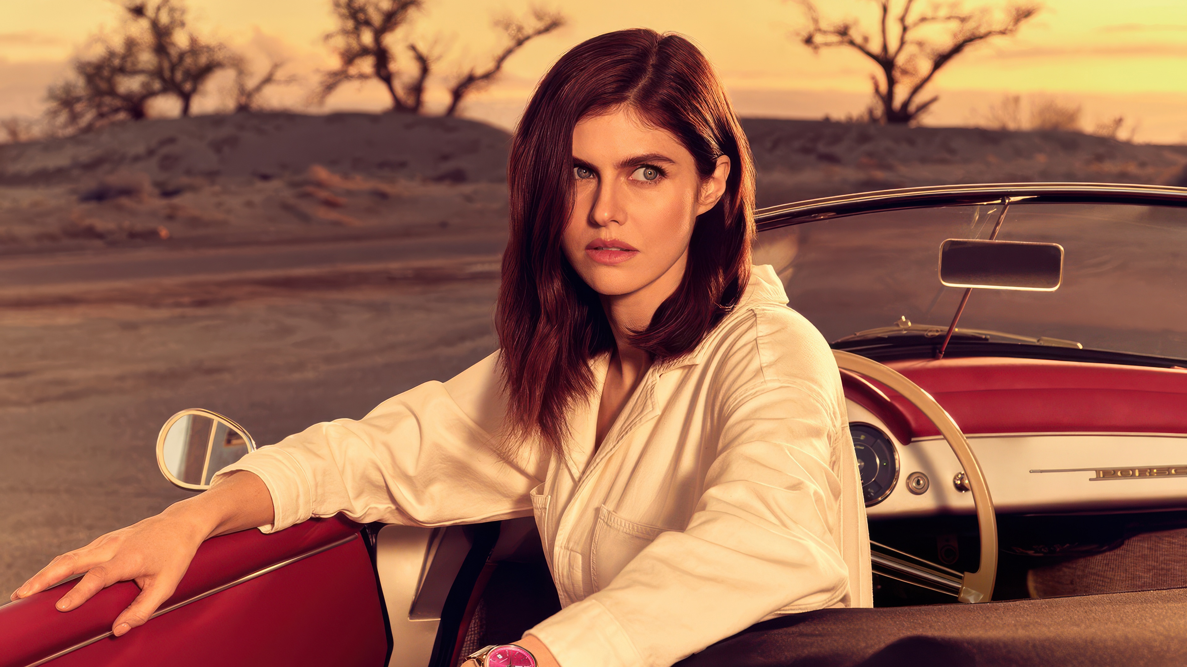 Alexandra Daddario in a convertible car HD Wallpaper