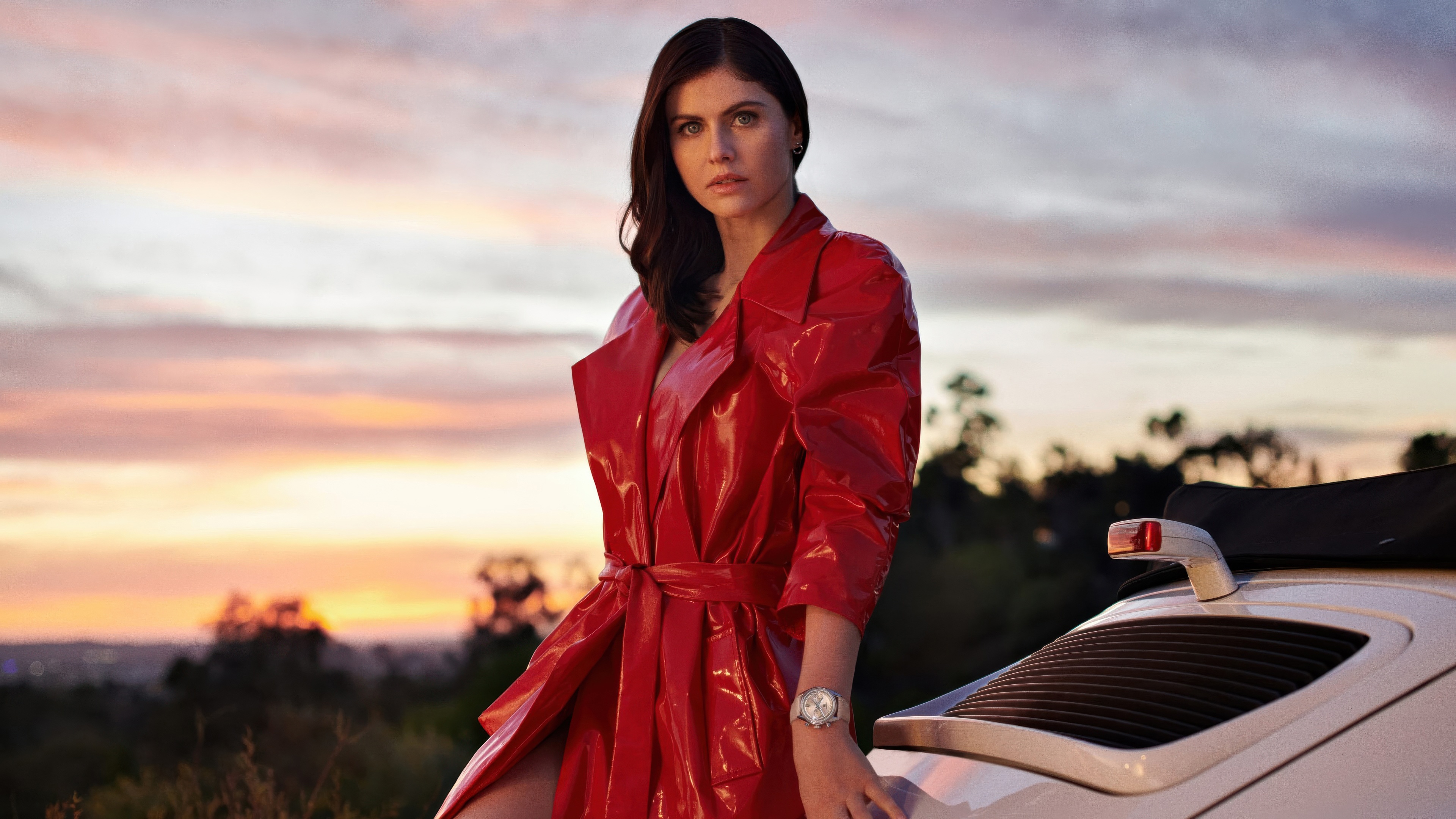 Alexandra Daddario in Red Coat with Porsche HD Wallpaper