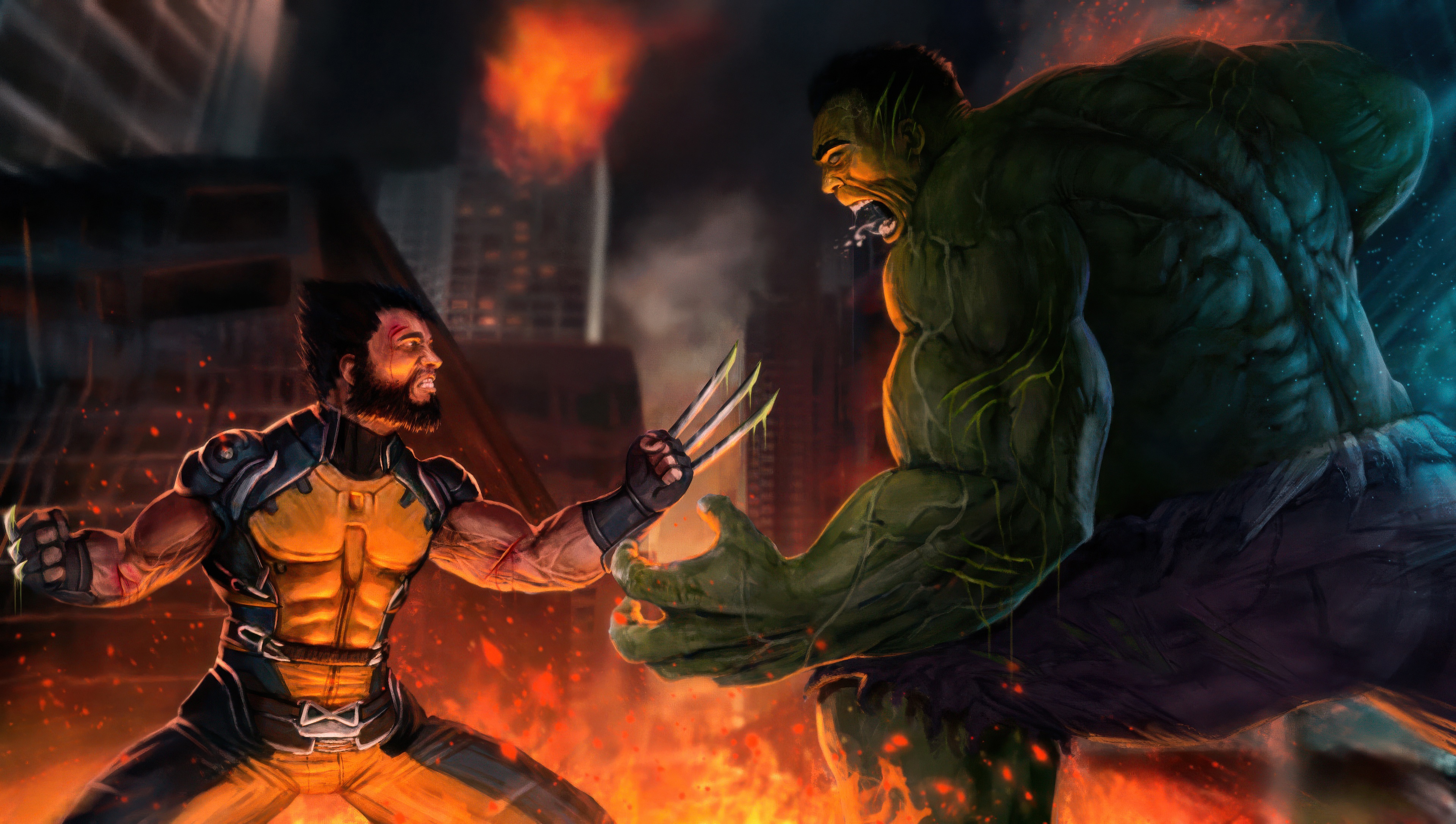 Wolverine vs. Hulk in a fiery battle HD Wallpaper
