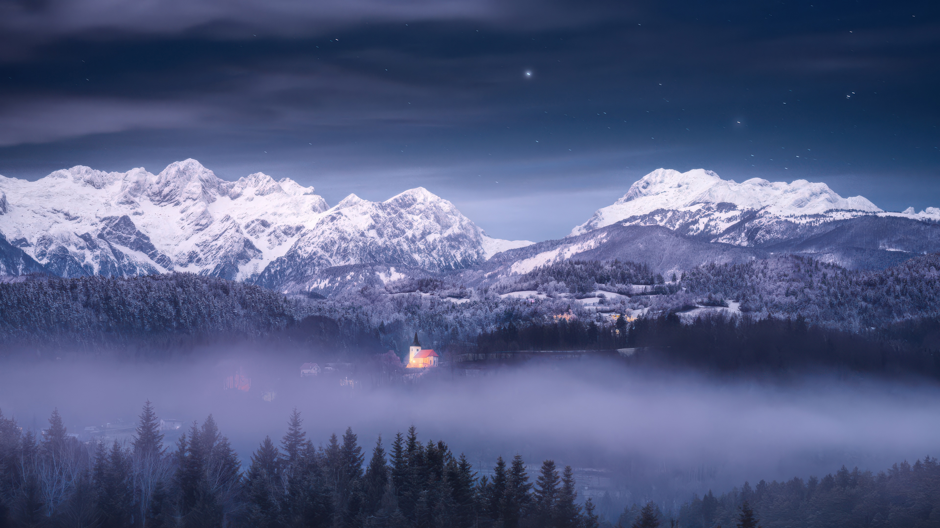 Snowy Nightfall Church in the Mist HD Wallpaper