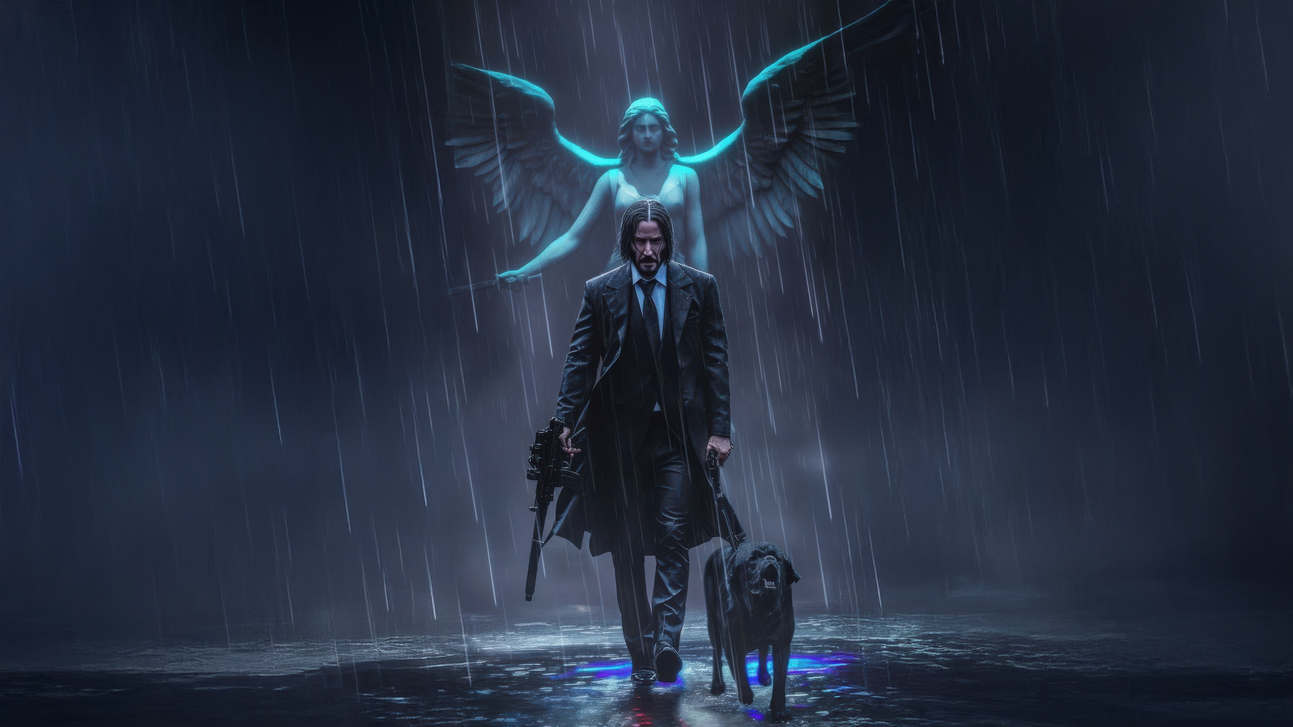 John Wick with Dog and Angel Statue in Rain HD Wallpaper