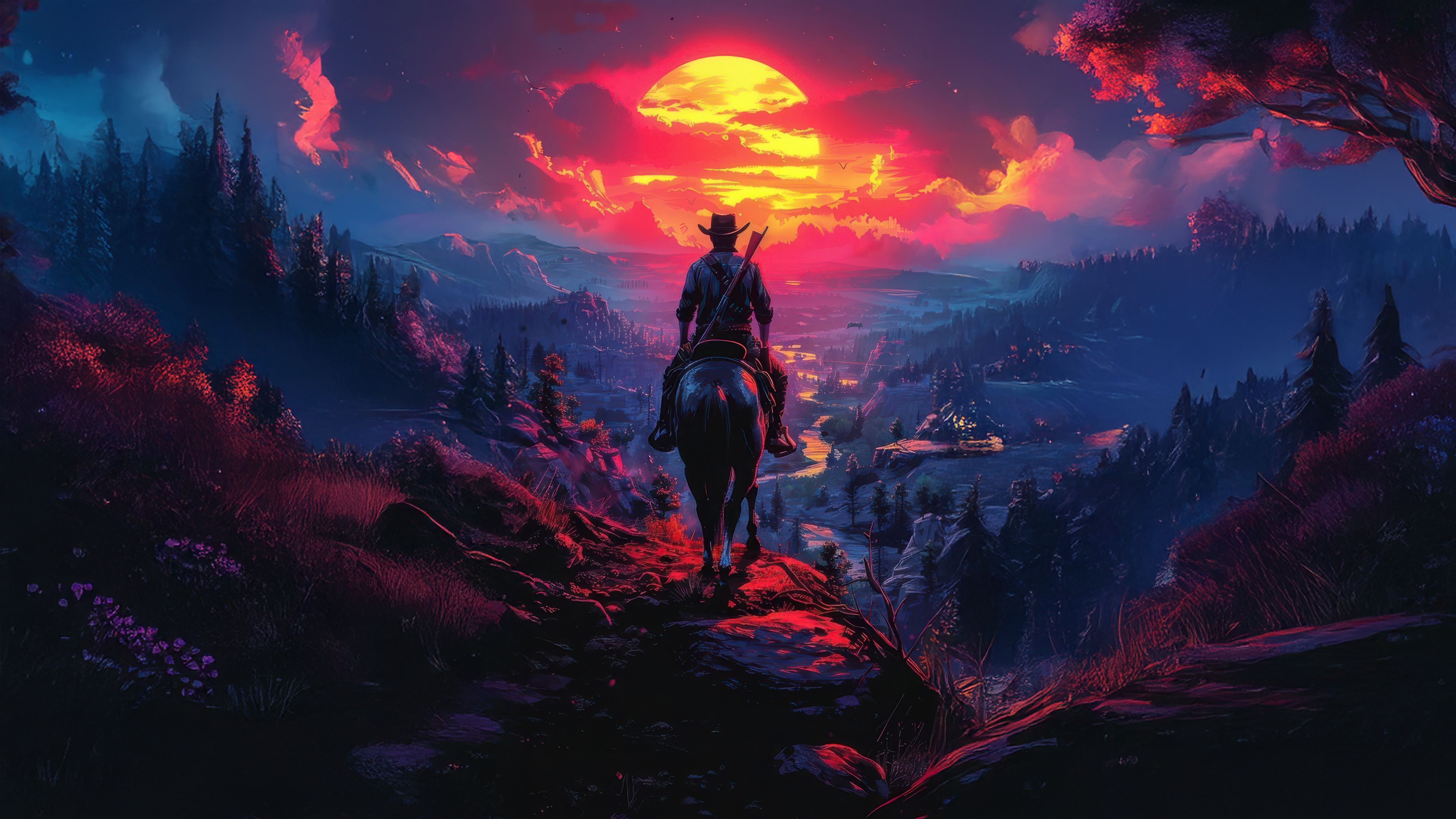 Cowboy on horseback overlooking a valley at sunset HD Wallpaper