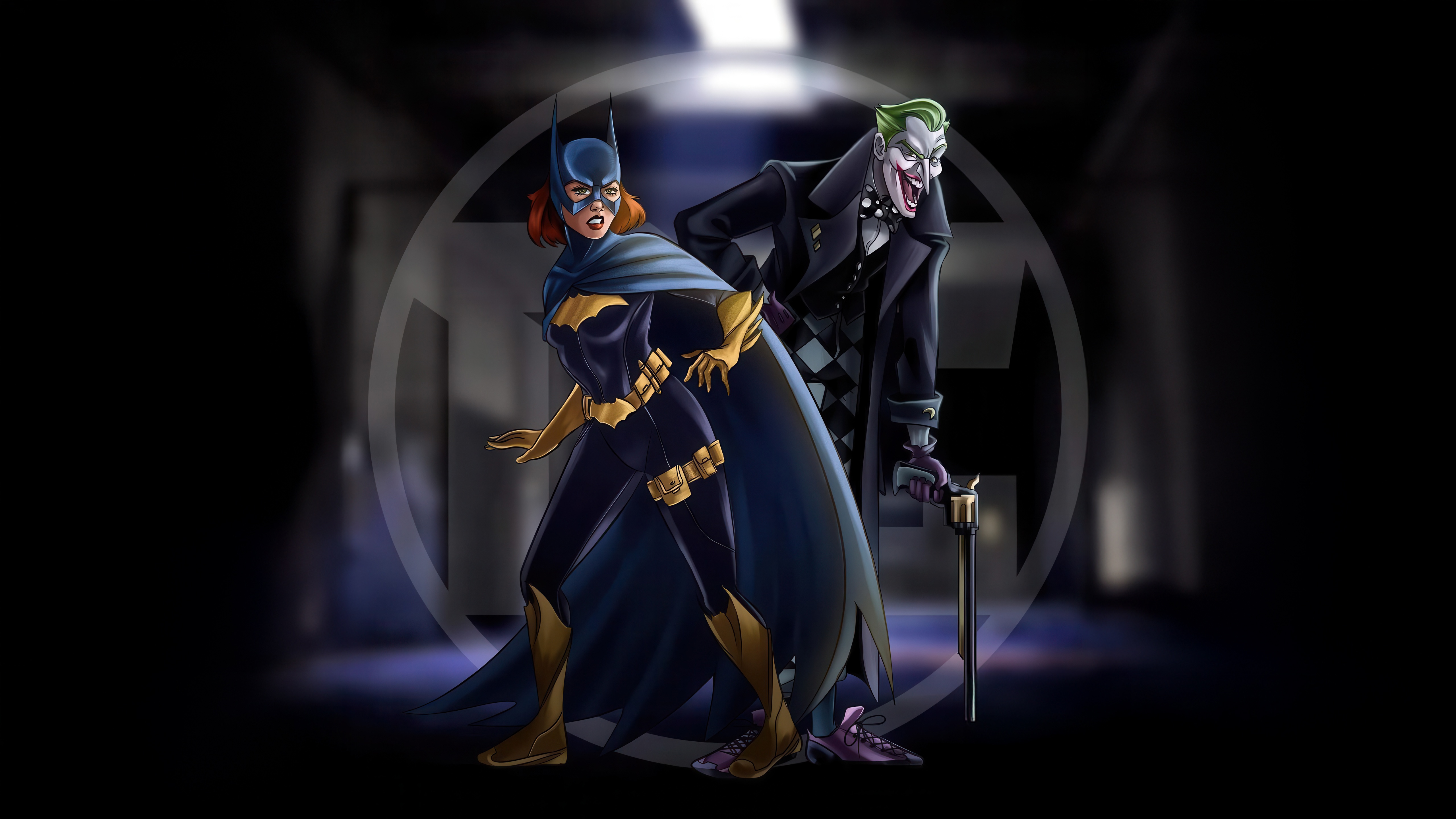 Batgirl and Joker in a dark hallway HD Wallpaper
