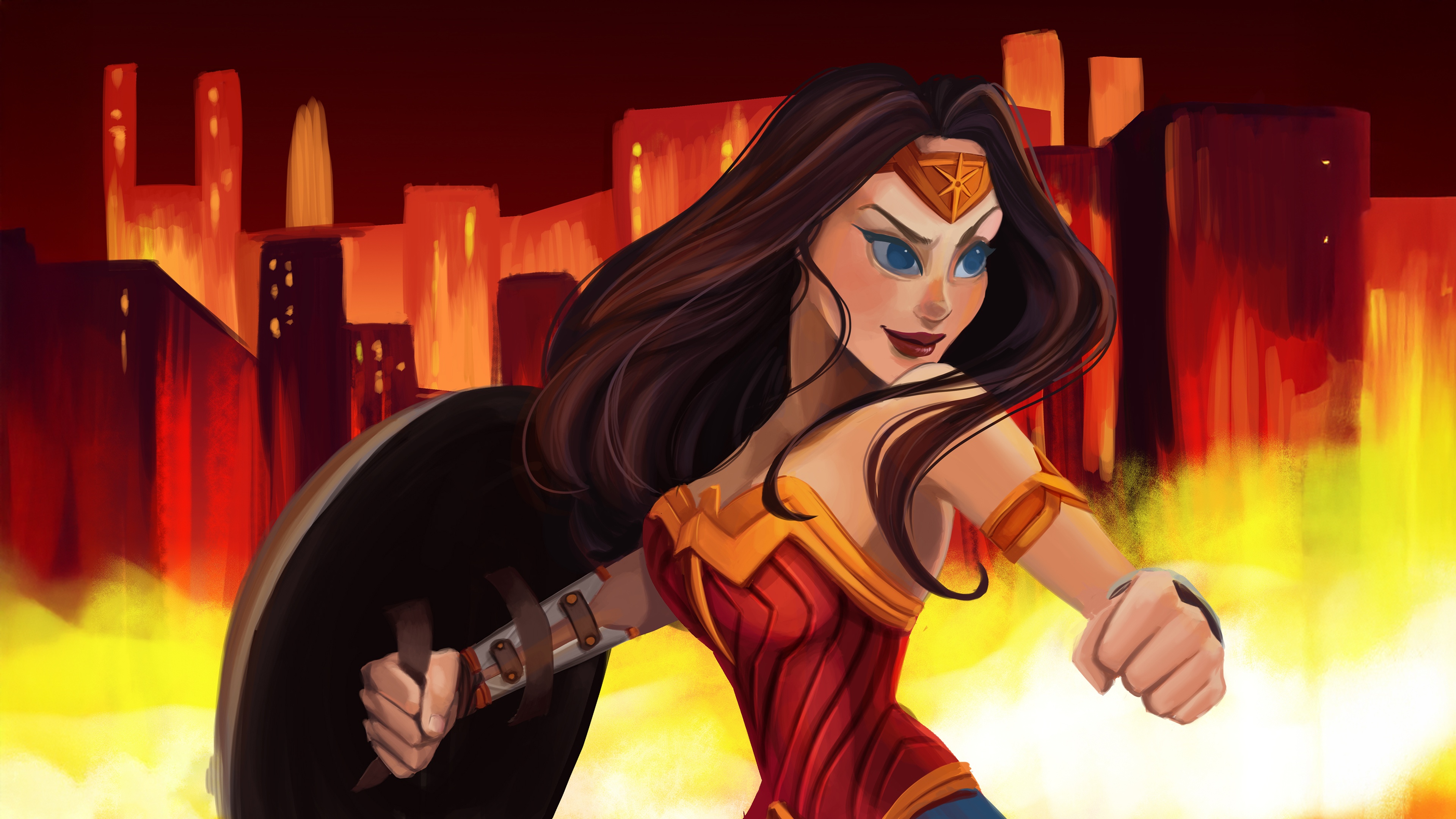 Wonder Woman in a burning city HD Wallpaper