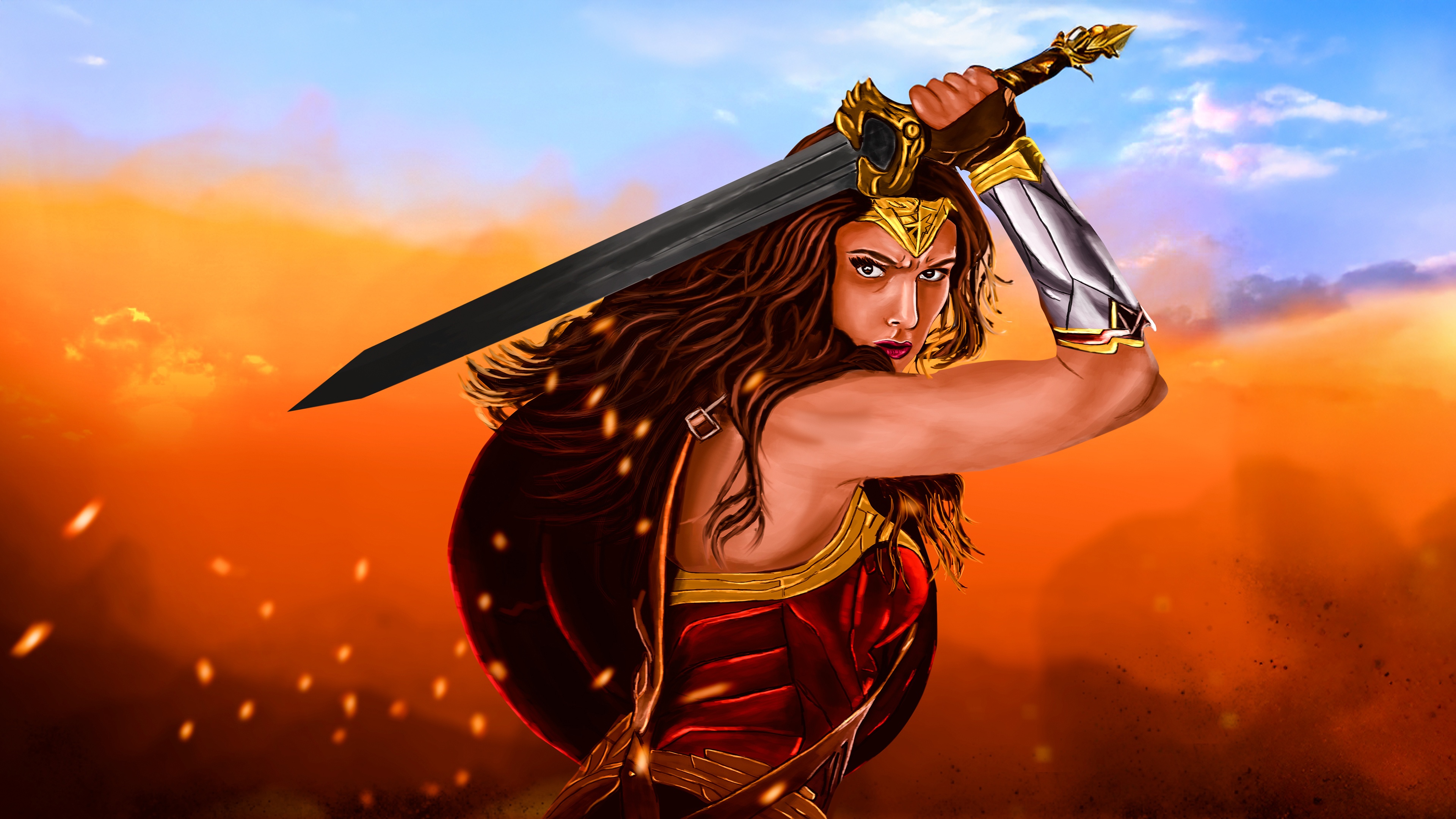 Wonder Woman holding a sword against a sunset sky HD Wallpaper