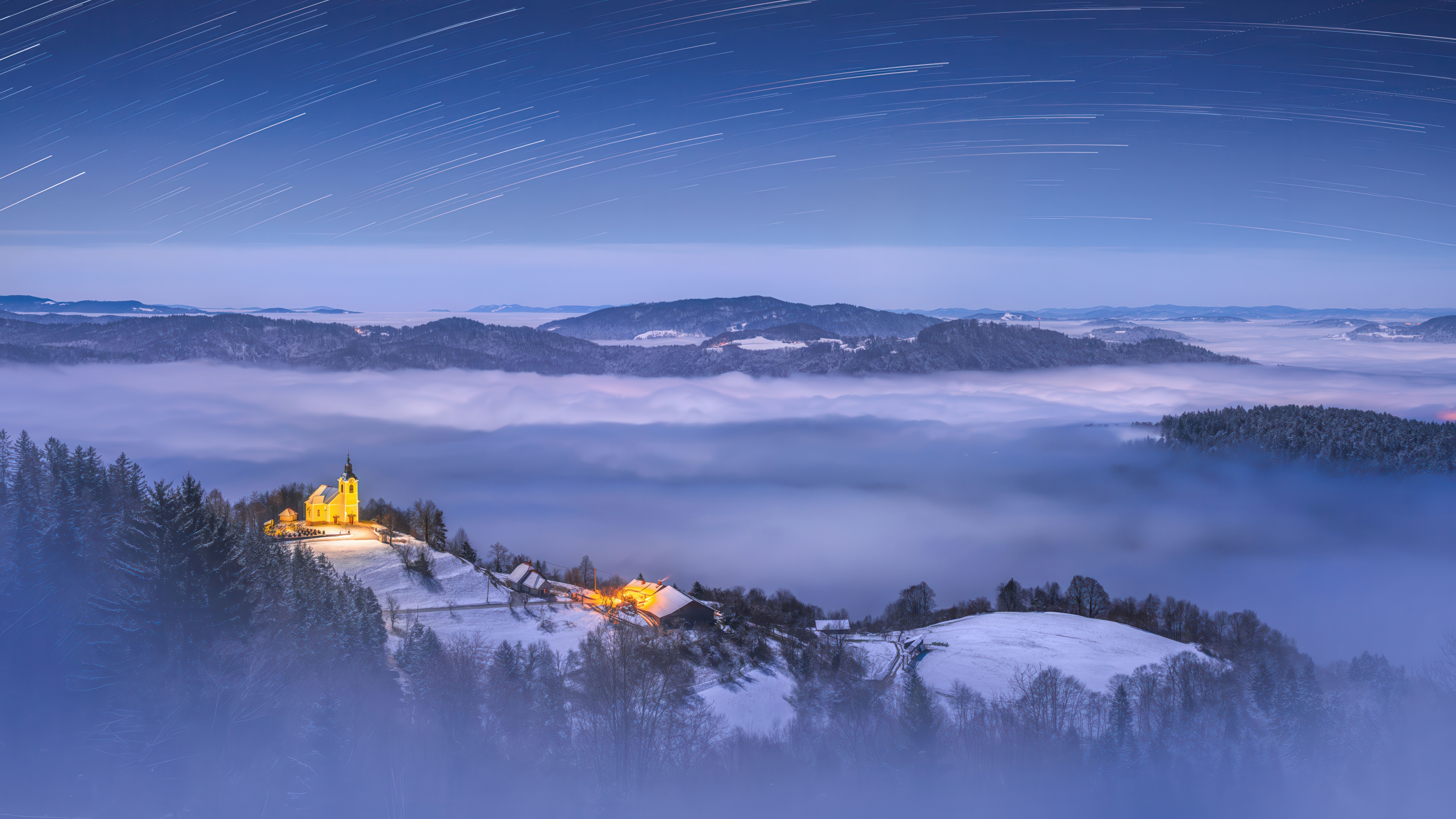 Church in Fog with Star Trails HD Wallpaper