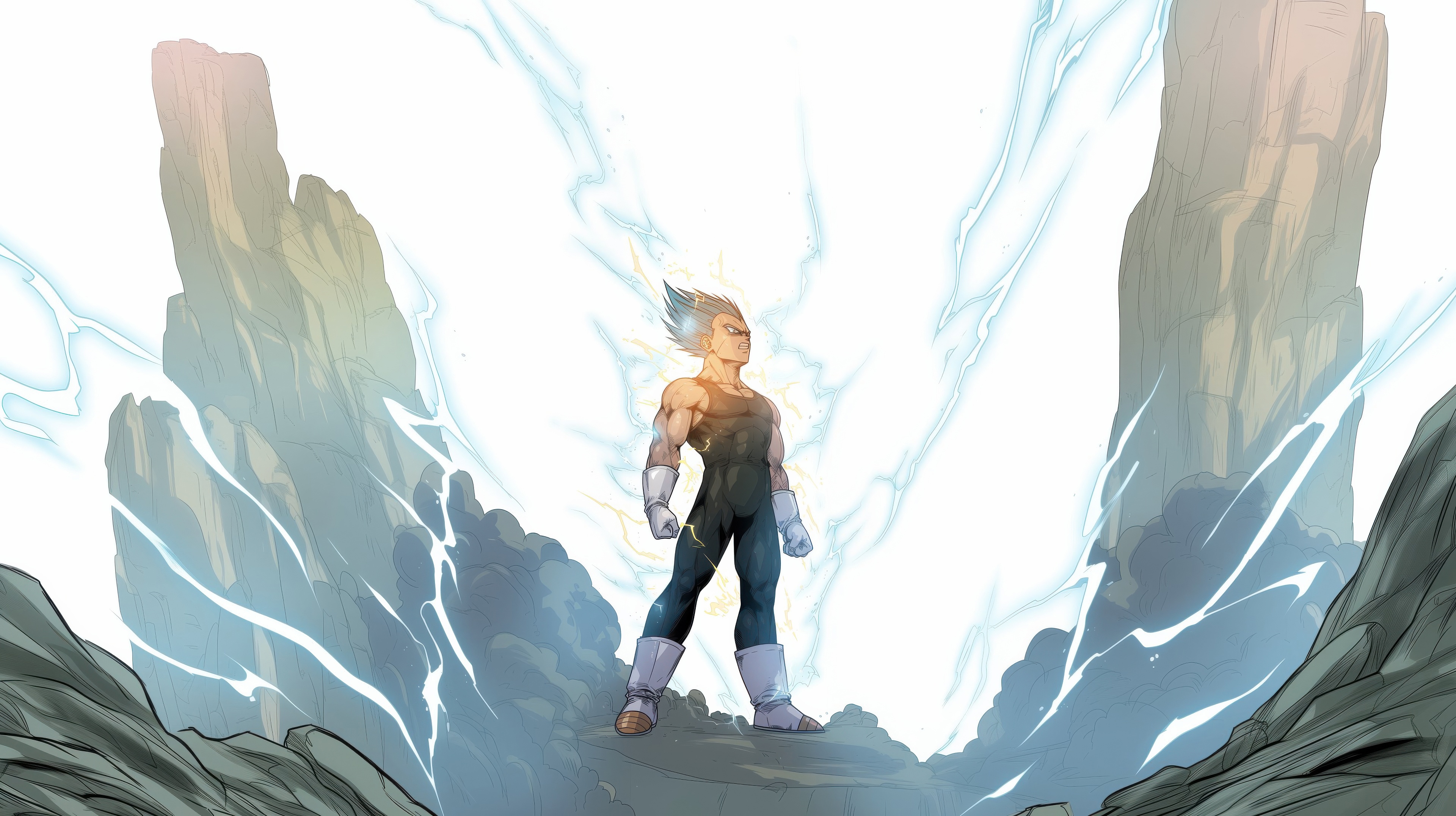 Vegeta powers up amidst rocky spires and lightning HD Wallpaper