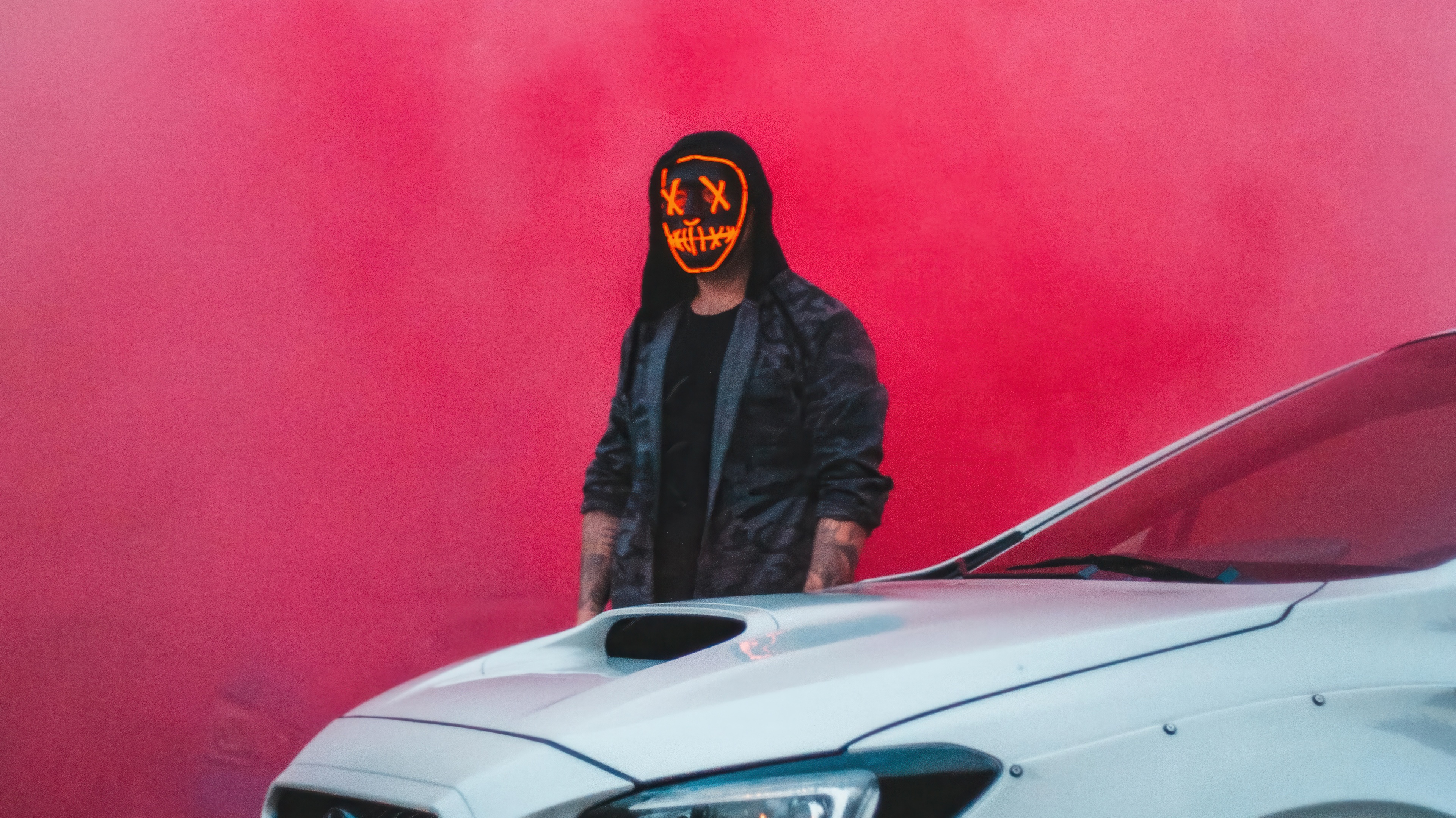 Man in Purge Mask and White Car HD Wallpaper