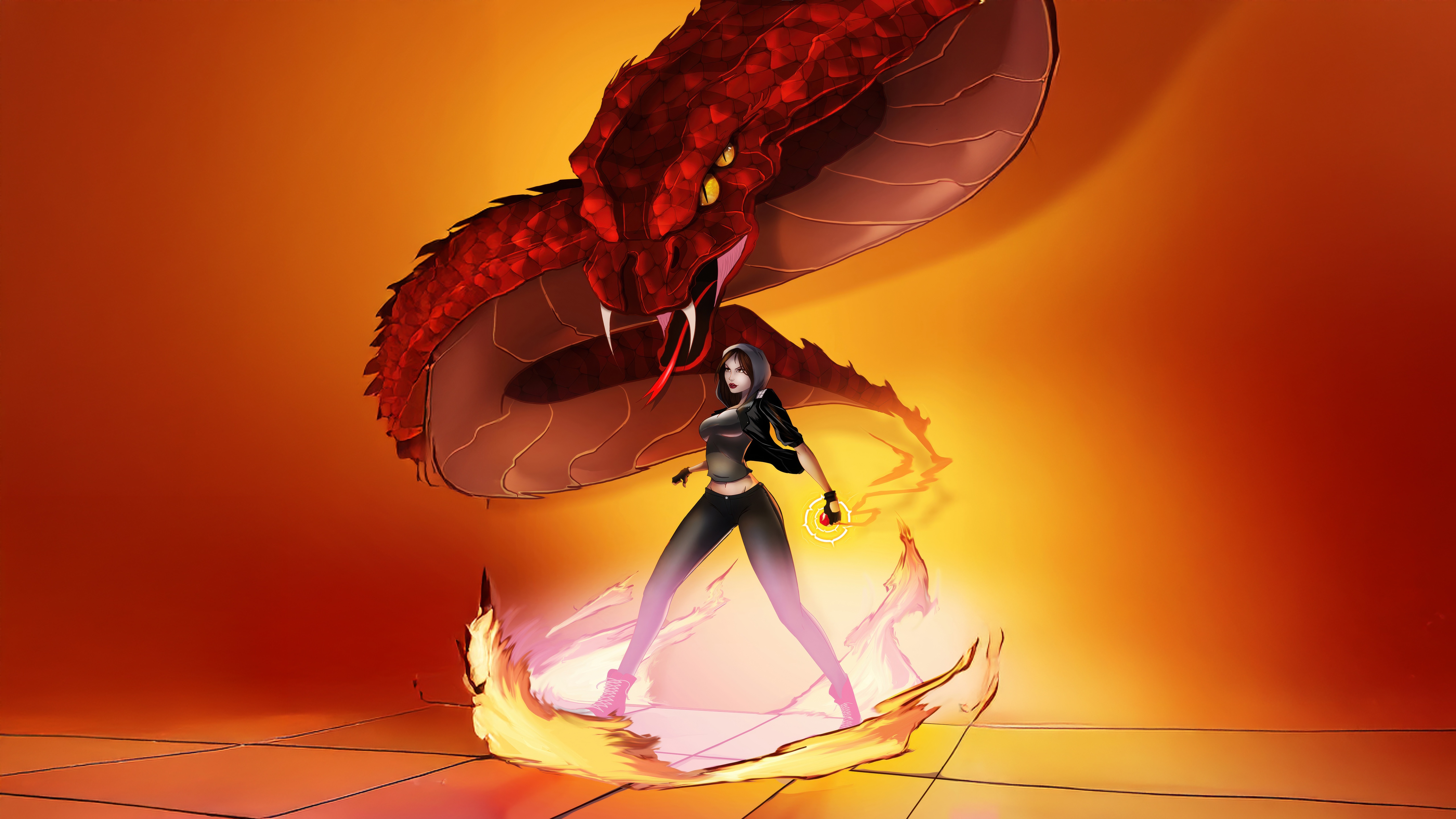 Luci from Hexed confronts a giant red snake HD Wallpaper
