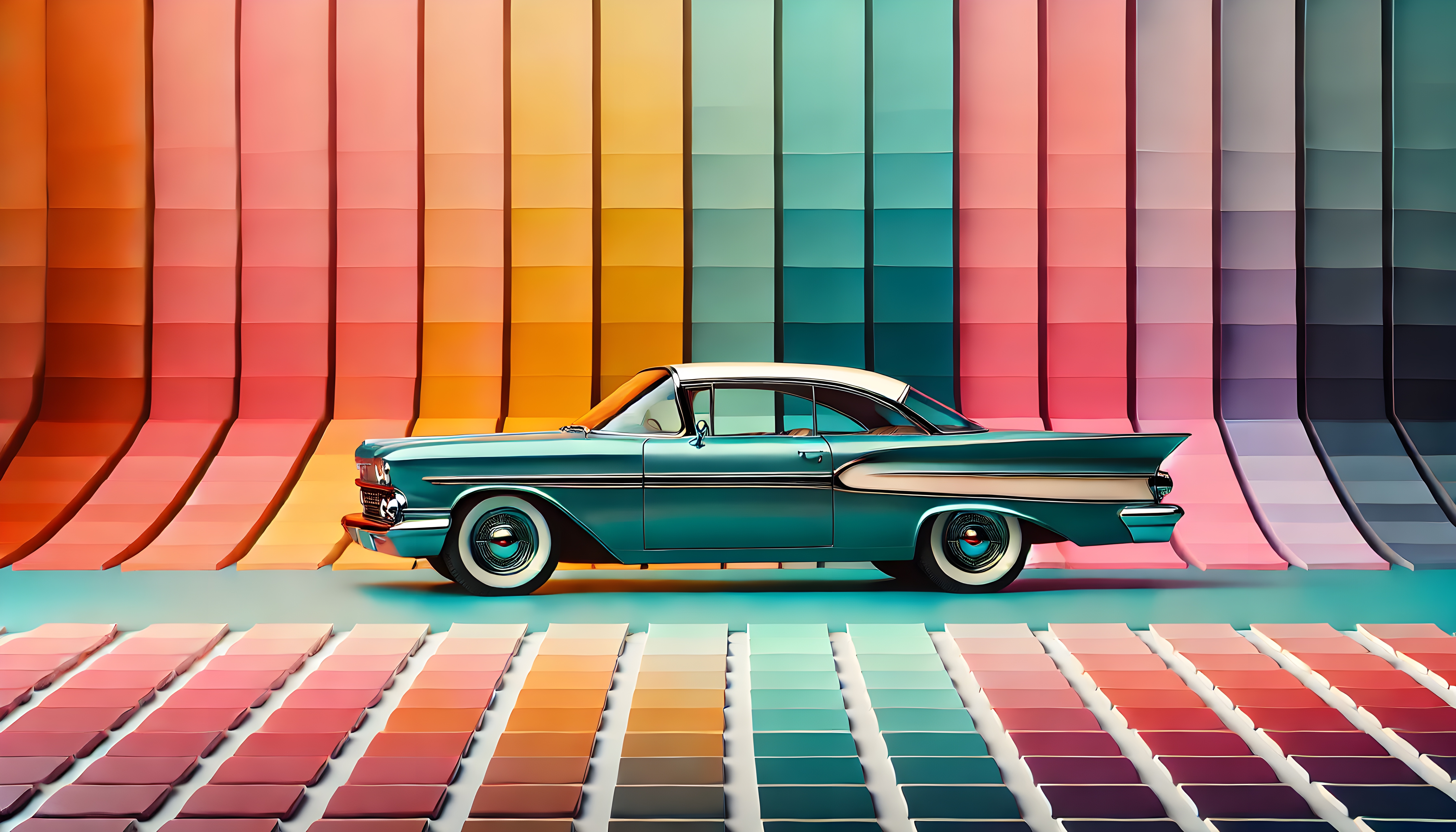 Retro gradient ride with a teal vintage car HD Wallpaper