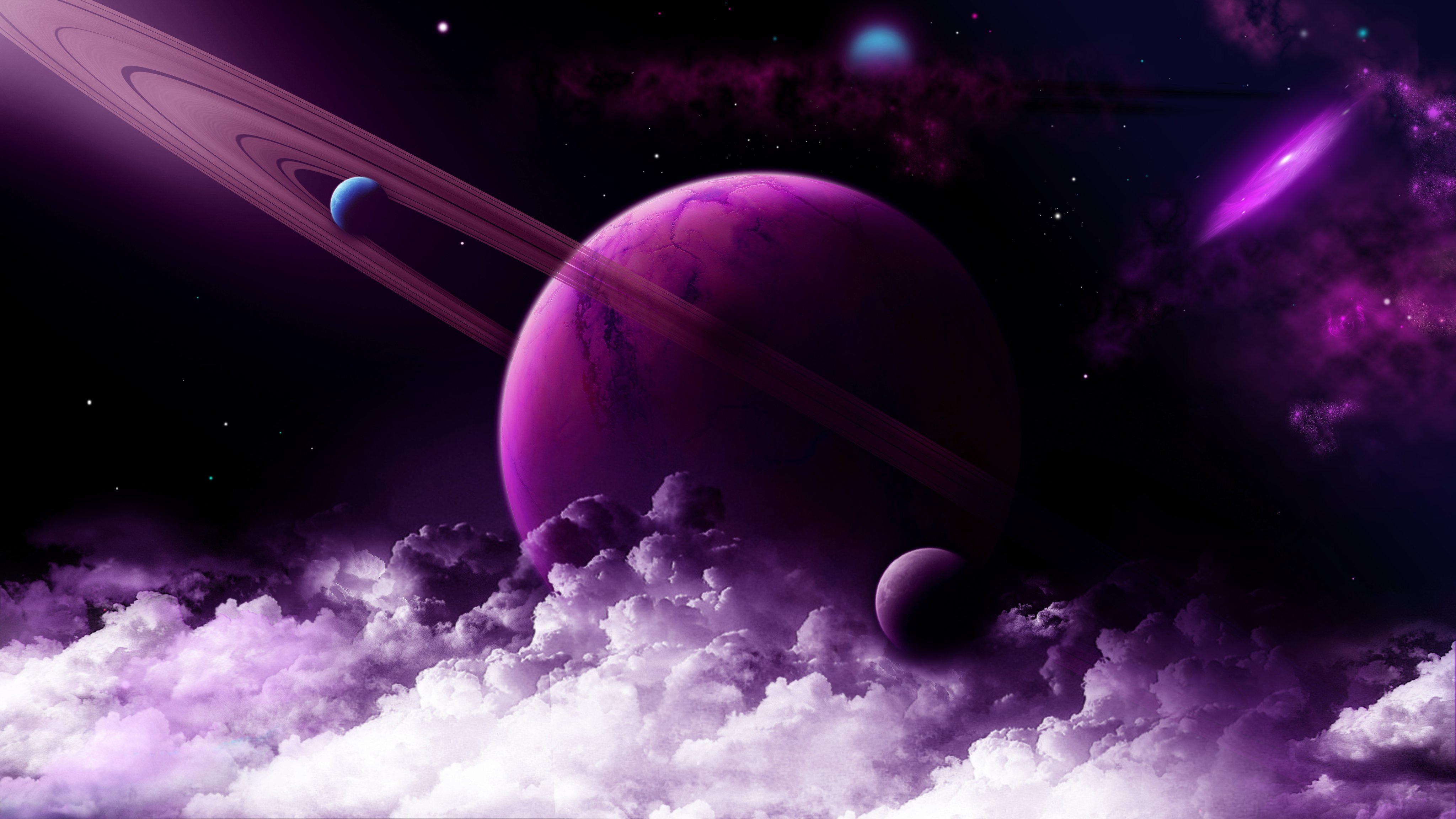 Purple Galaxy Digital Universe with Planets and Clouds HD Wallpaper