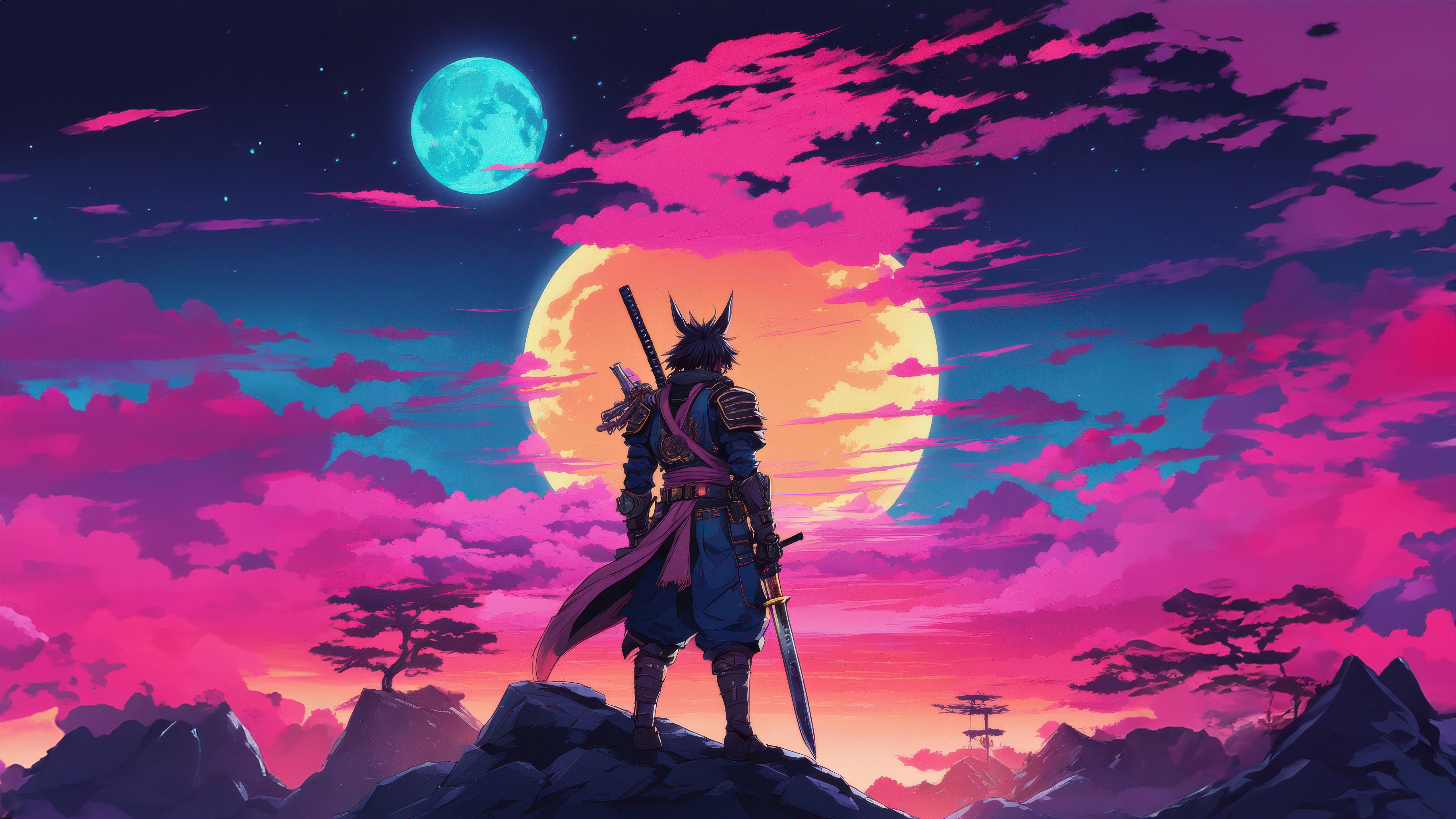 Samurai Under a Twin Moon Sky HD Wallpaper