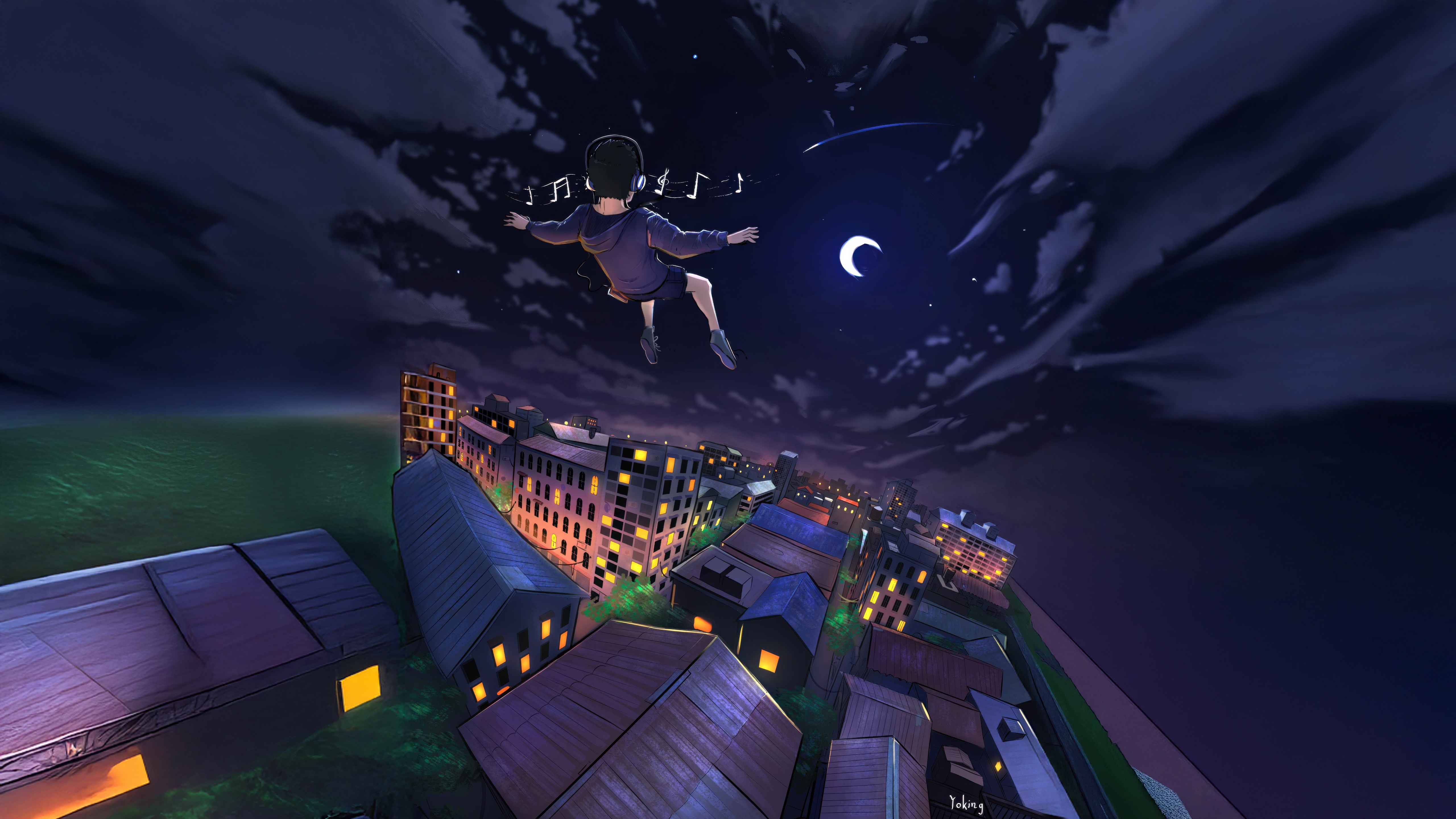 Person flying through the night sky over a city HD Wallpaper