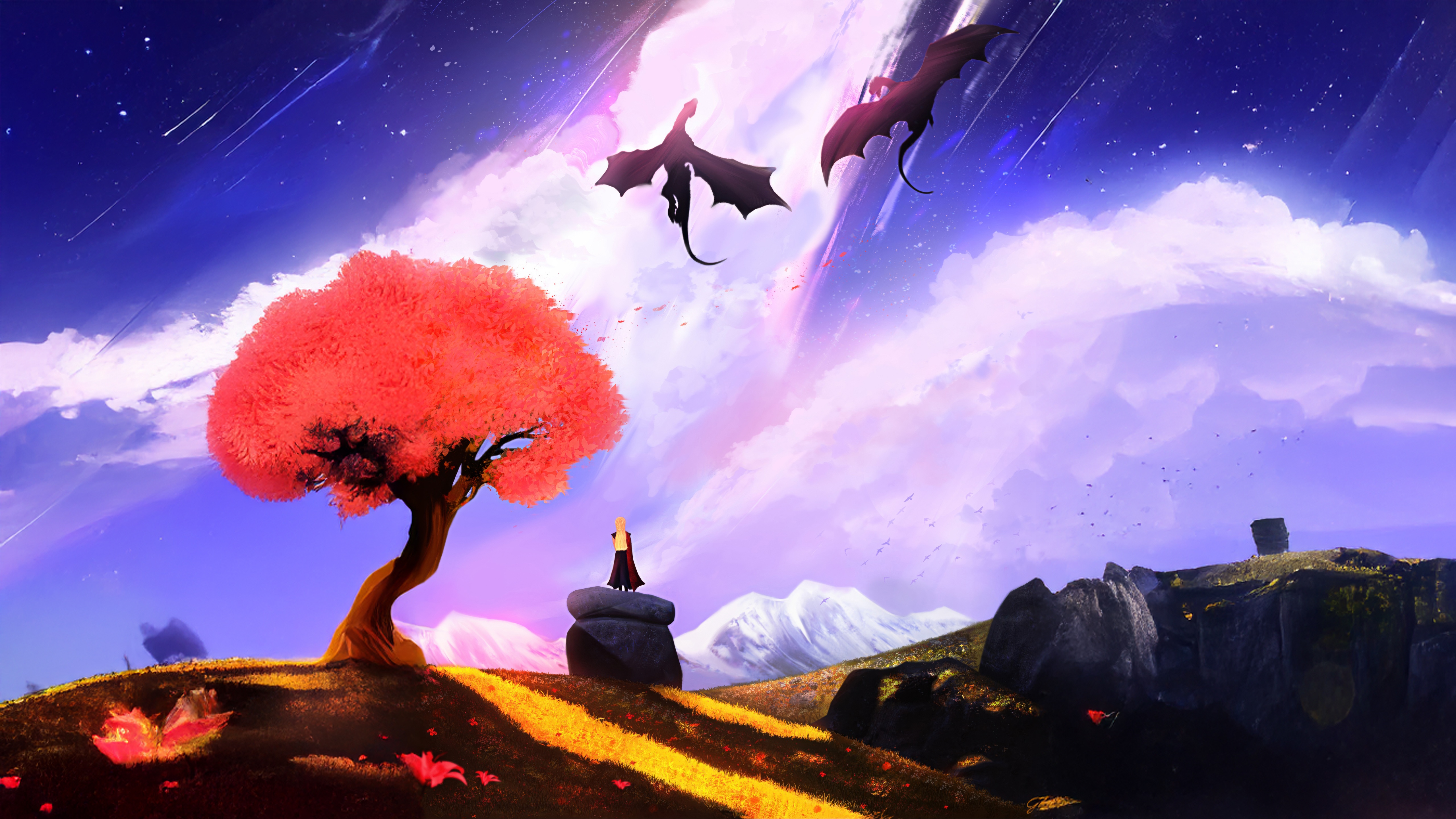 Dragons Dance Above Mountains with Girl and Tree HD Wallpaper