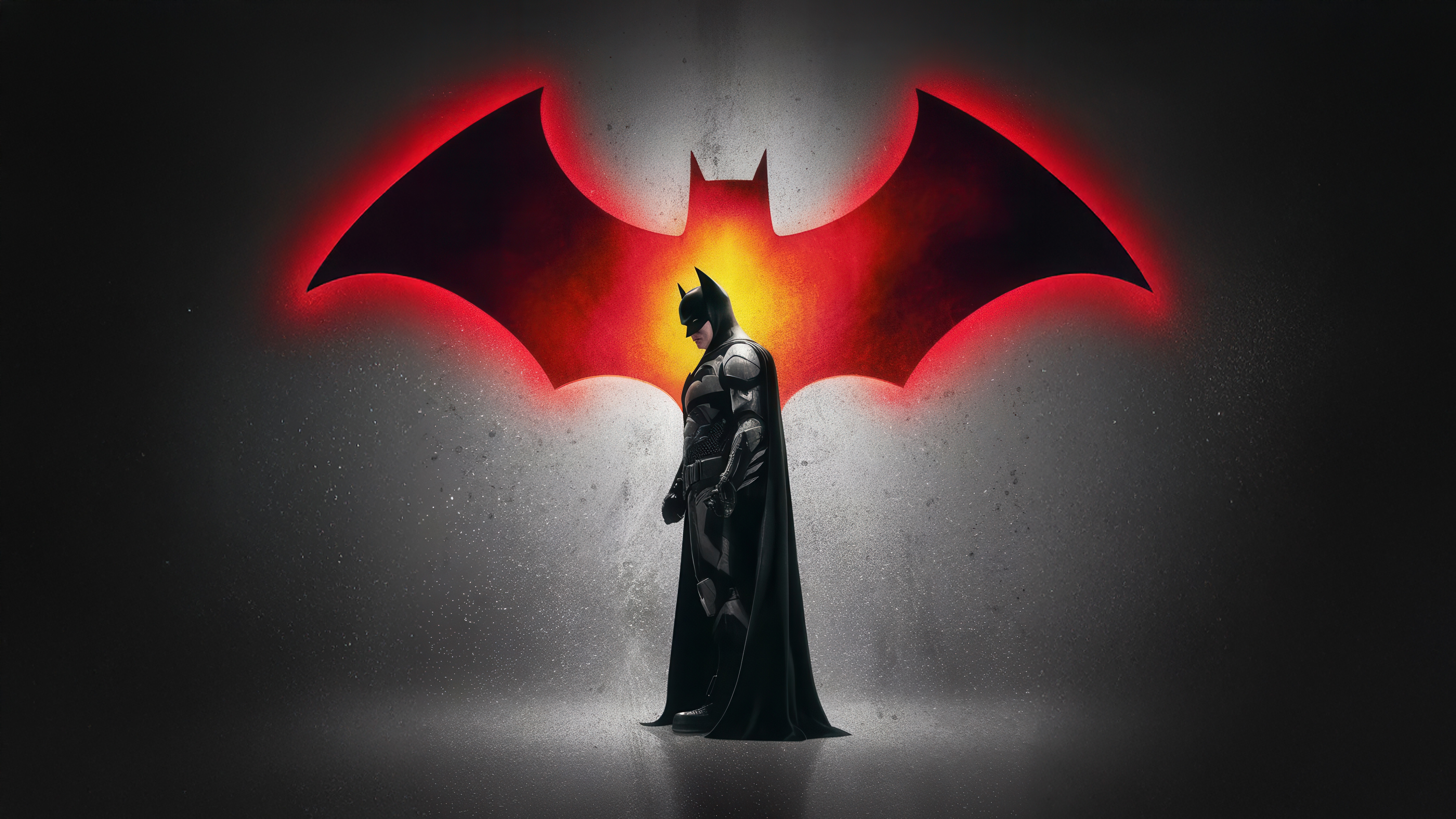 Batman stands before a glowing red bat symbol HD Wallpaper
