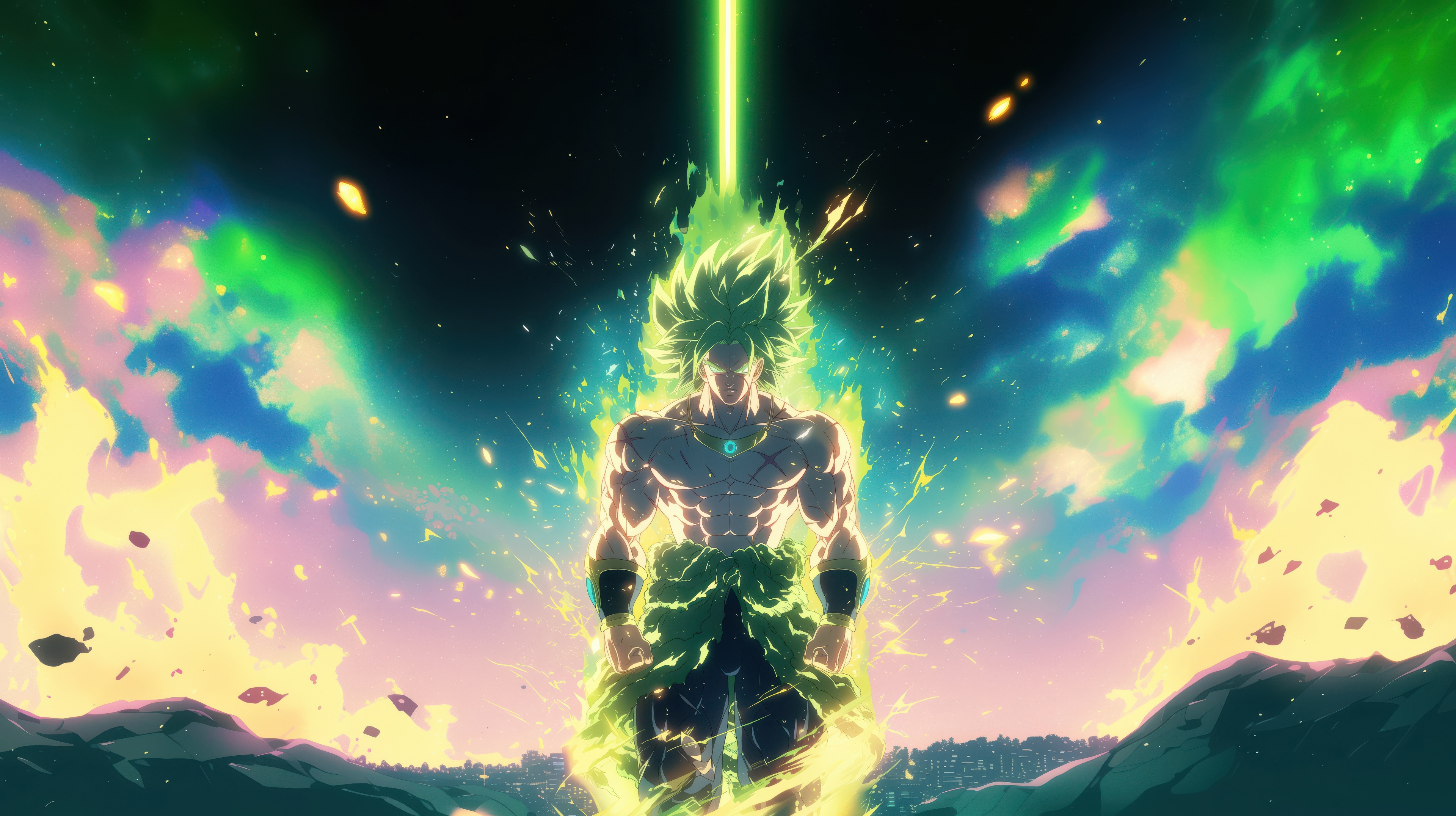 Broly powers up with a green energy beam HD Wallpaper