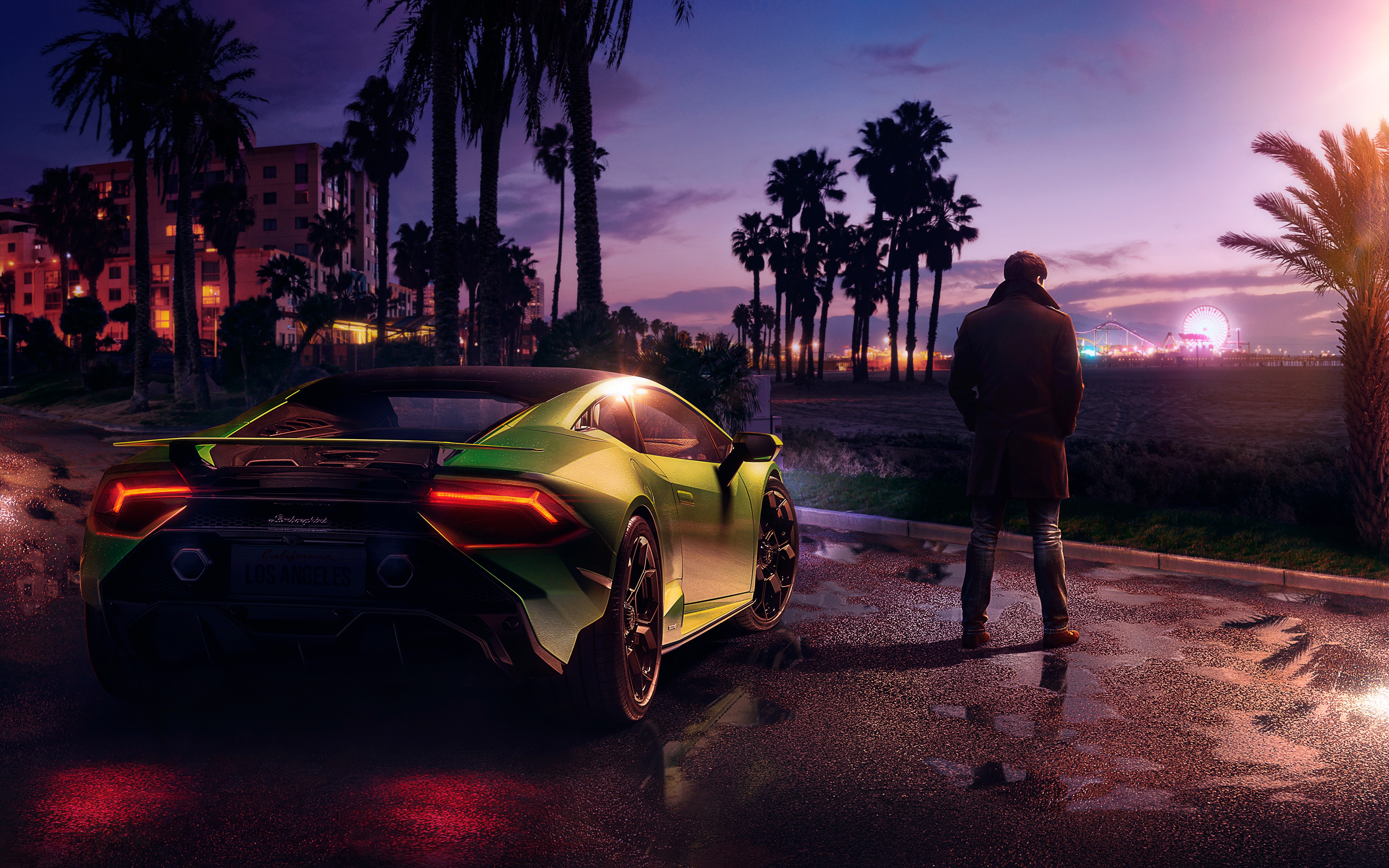 Lamborghini at Twilight with a Man and Ferris Wheel HD Wallpaper