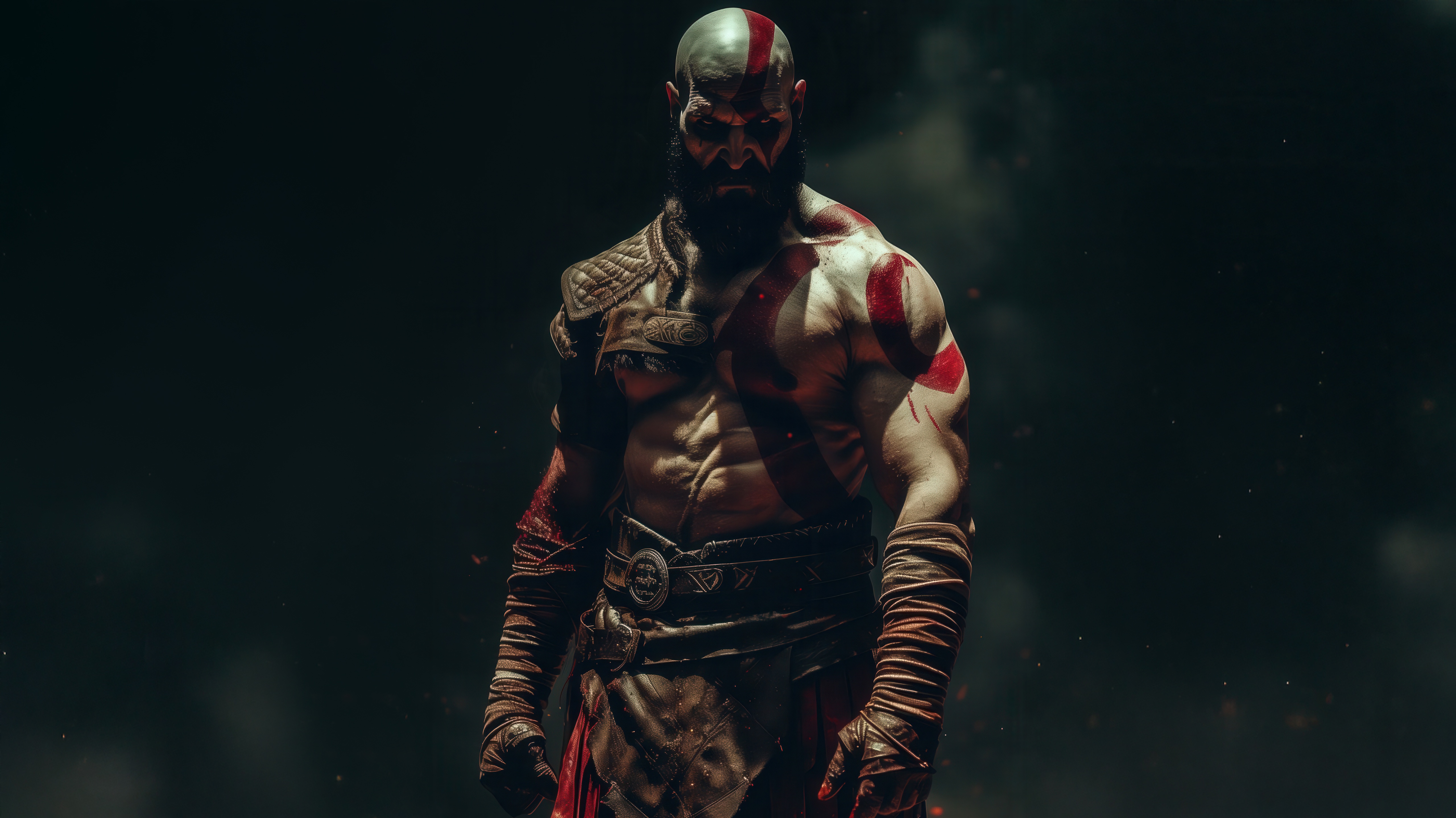 Kratos, the Spartan warrior, stands with a stern expression. HD Wallpaper