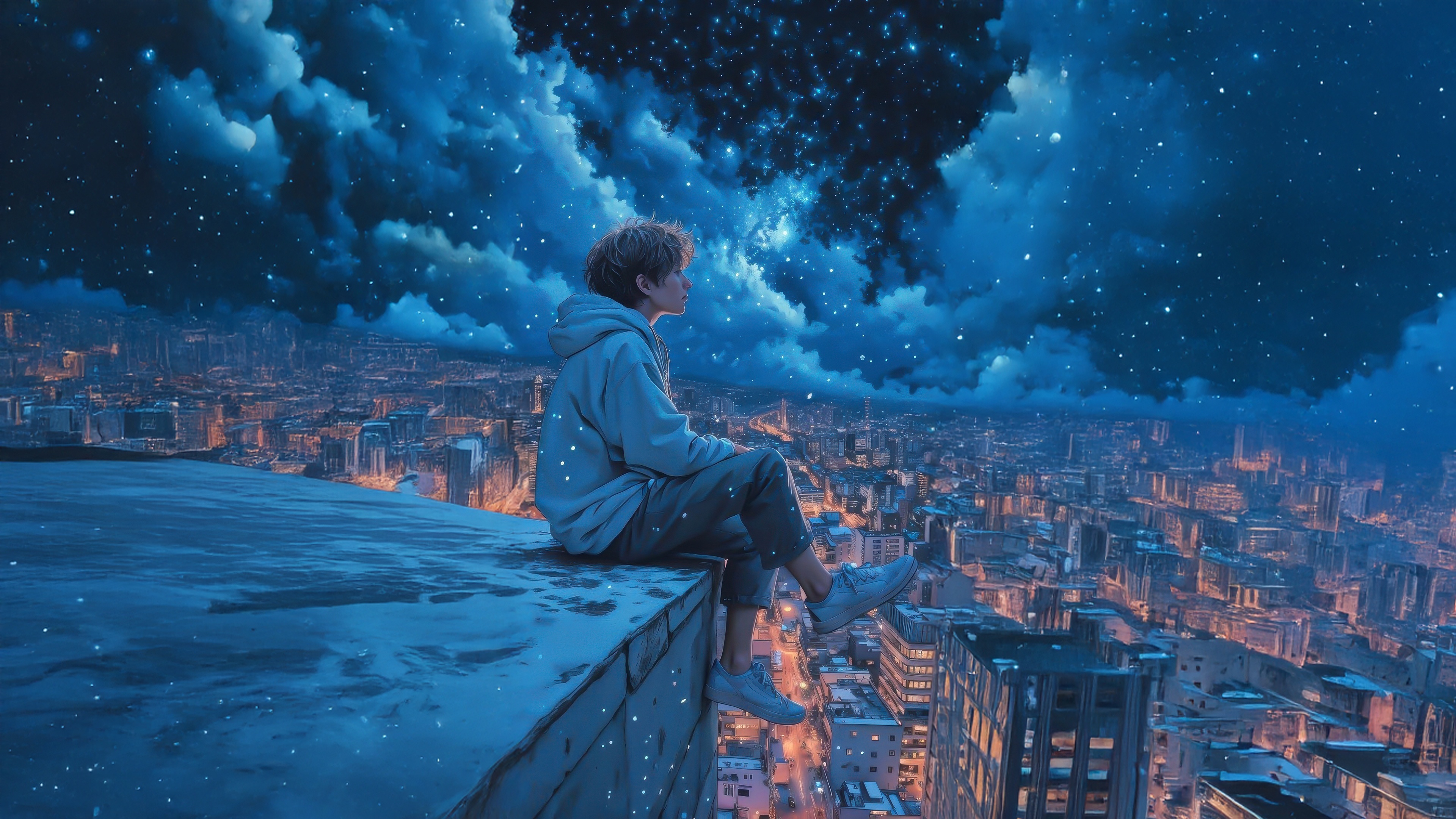 Boy Sitting on Rooftop Overlooking City at Night HD Wallpaper