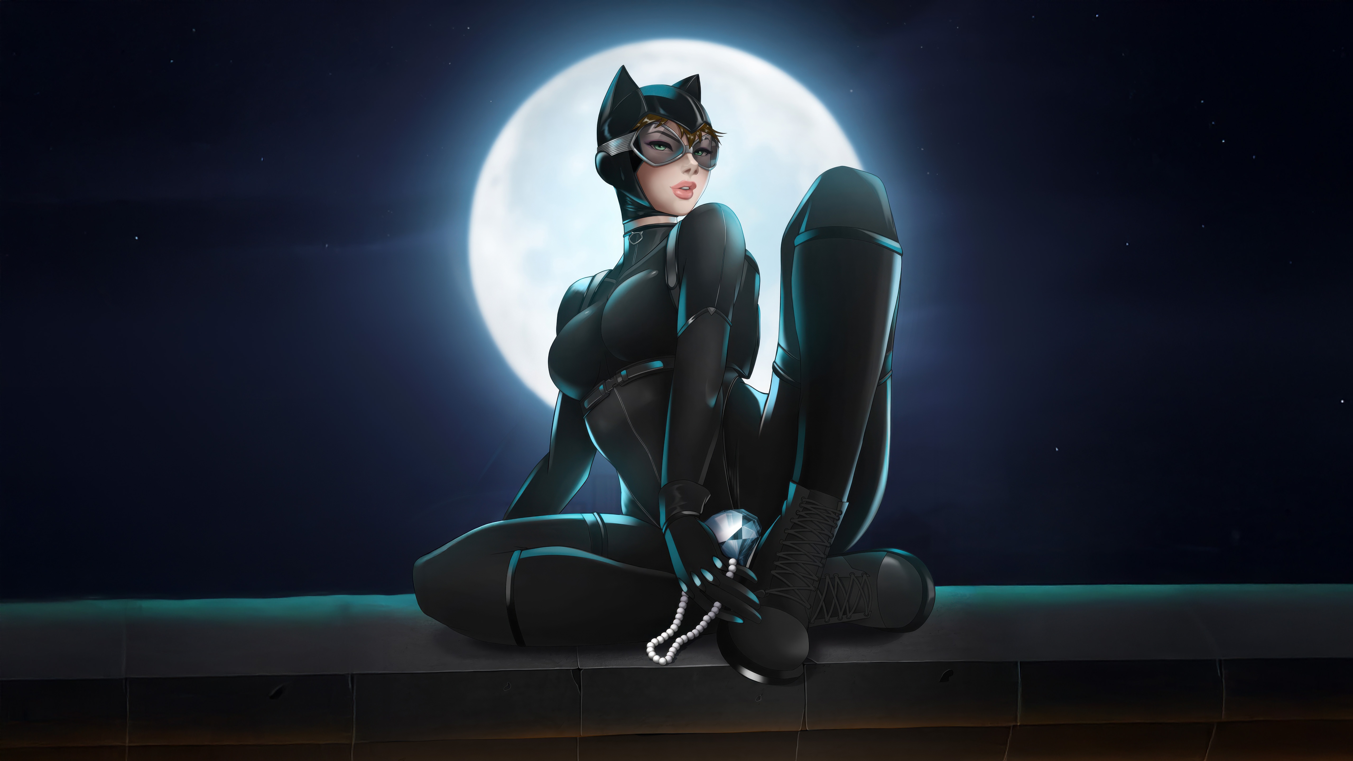 Catwoman Posing on a Rooftop Under the Moon HD Wallpaper