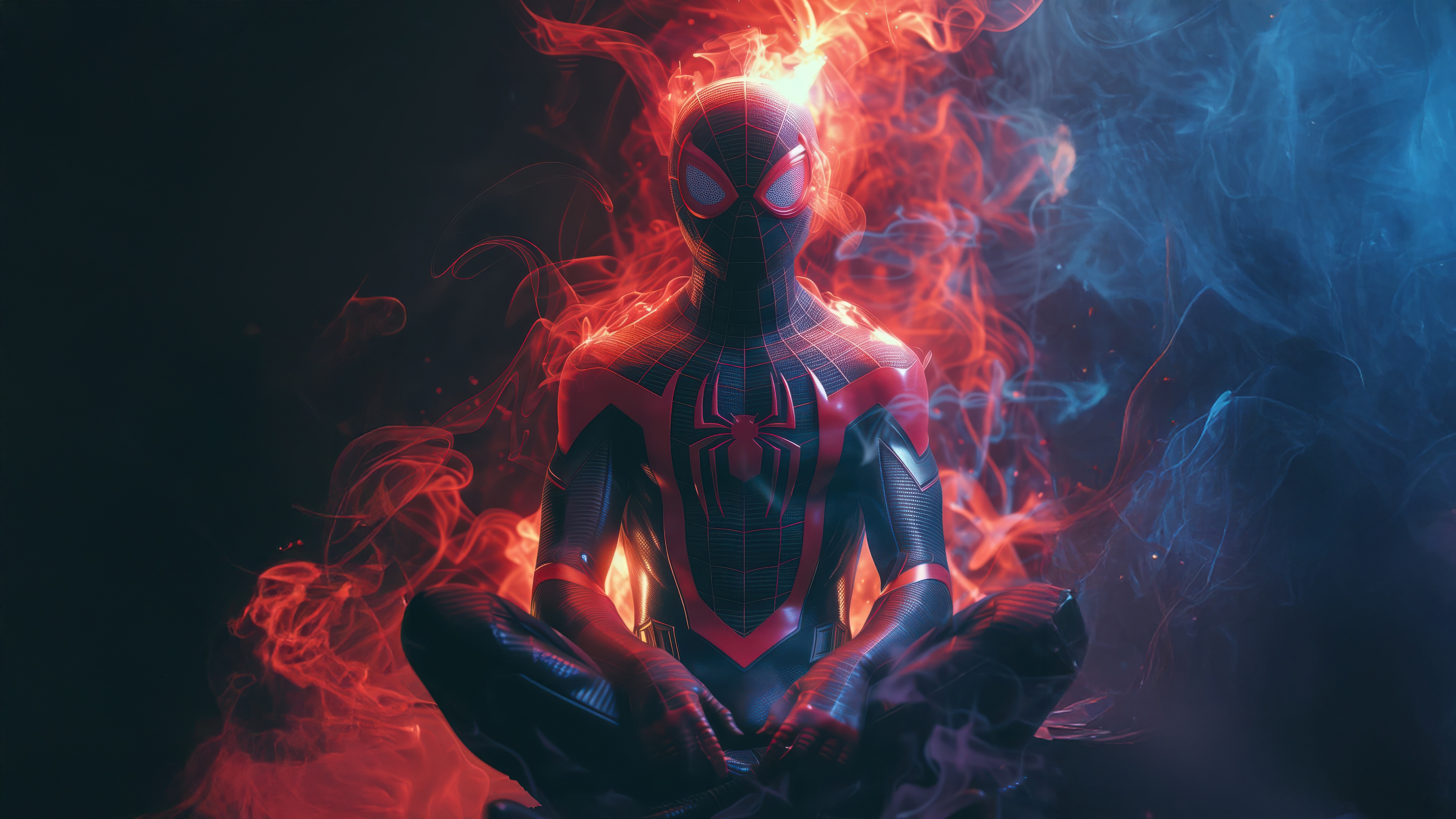 Spider-Man in Red and Blue Smoke HD Wallpaper