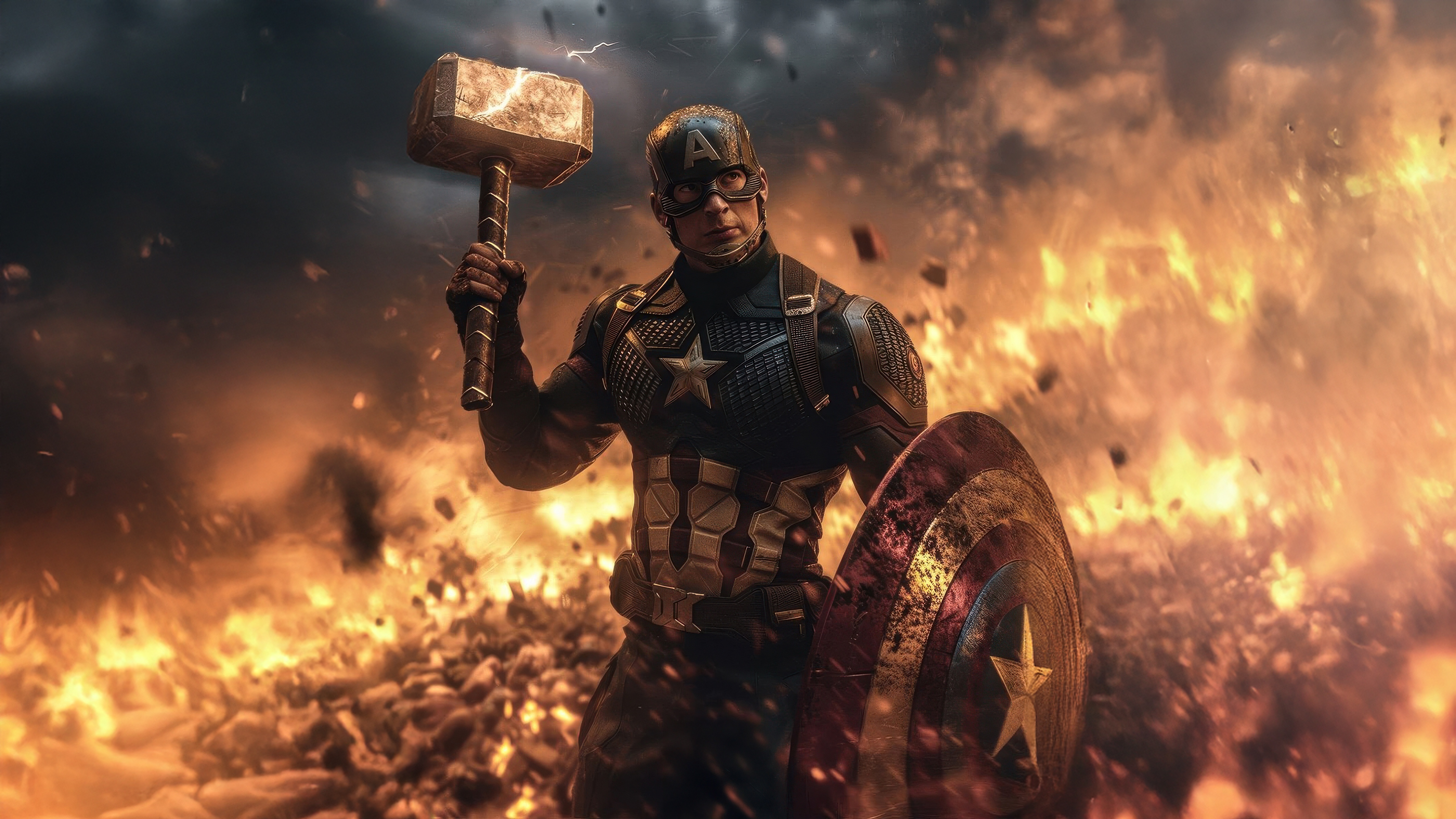 Captain America holding Mjolnir and his shield HD Wallpaper