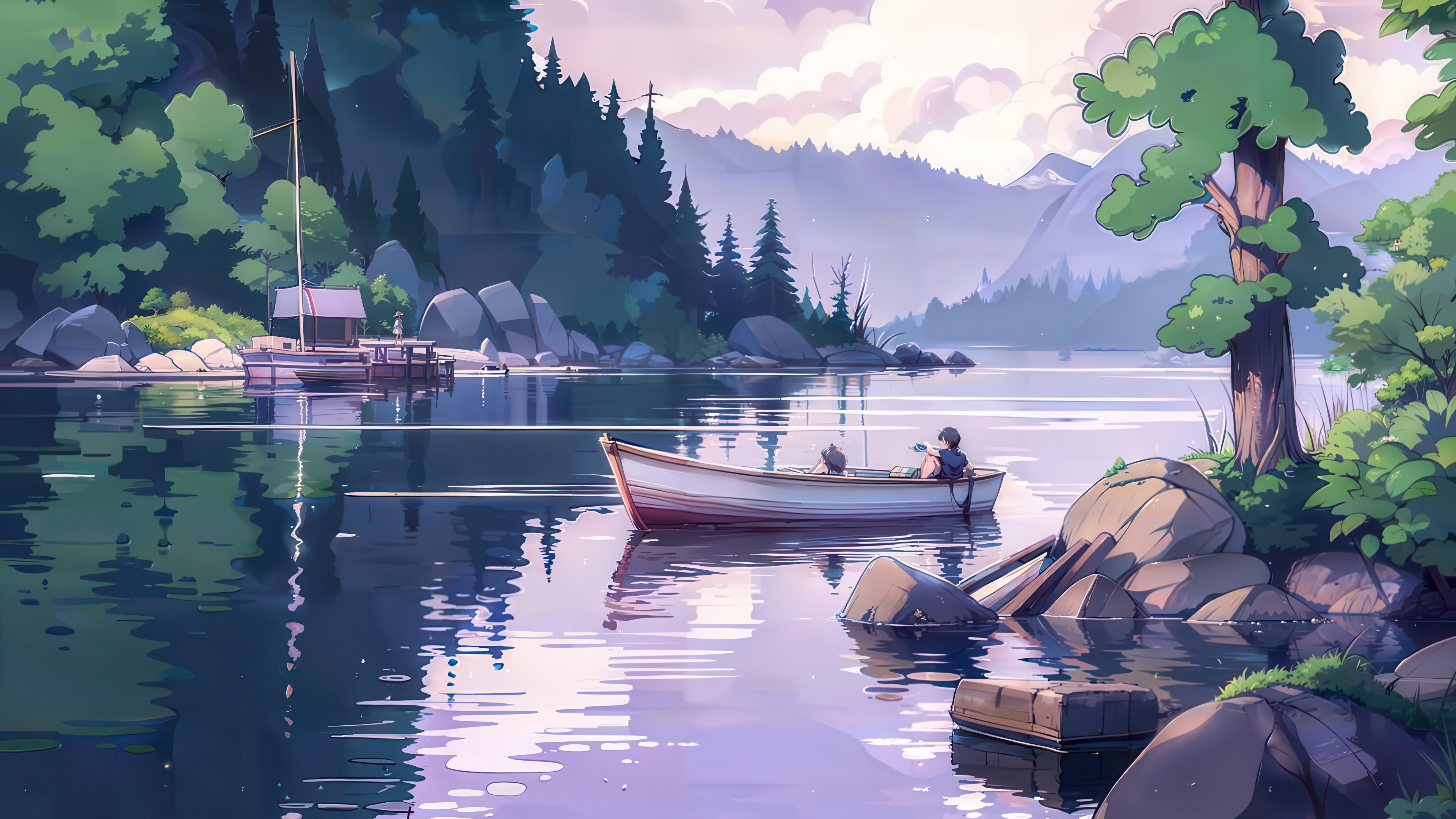 Boat on a calm lake with mountains HD Wallpaper