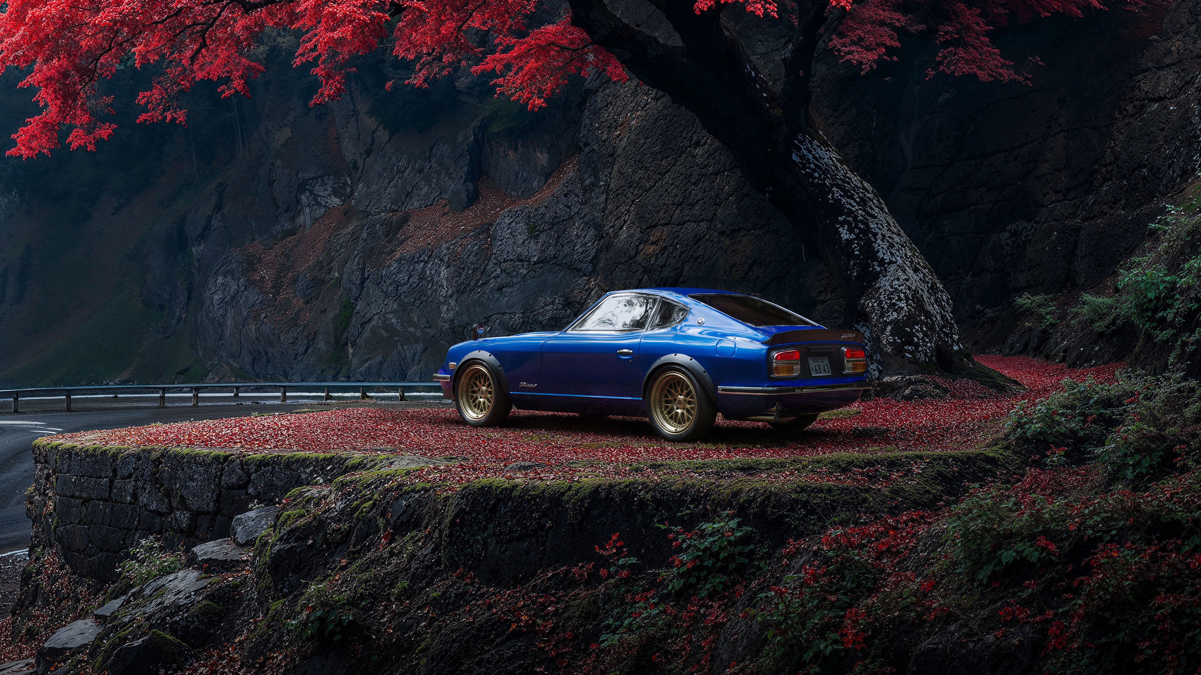 Blue Nissan Fairlady Z 240z on a road with red leaves HD Wallpaper