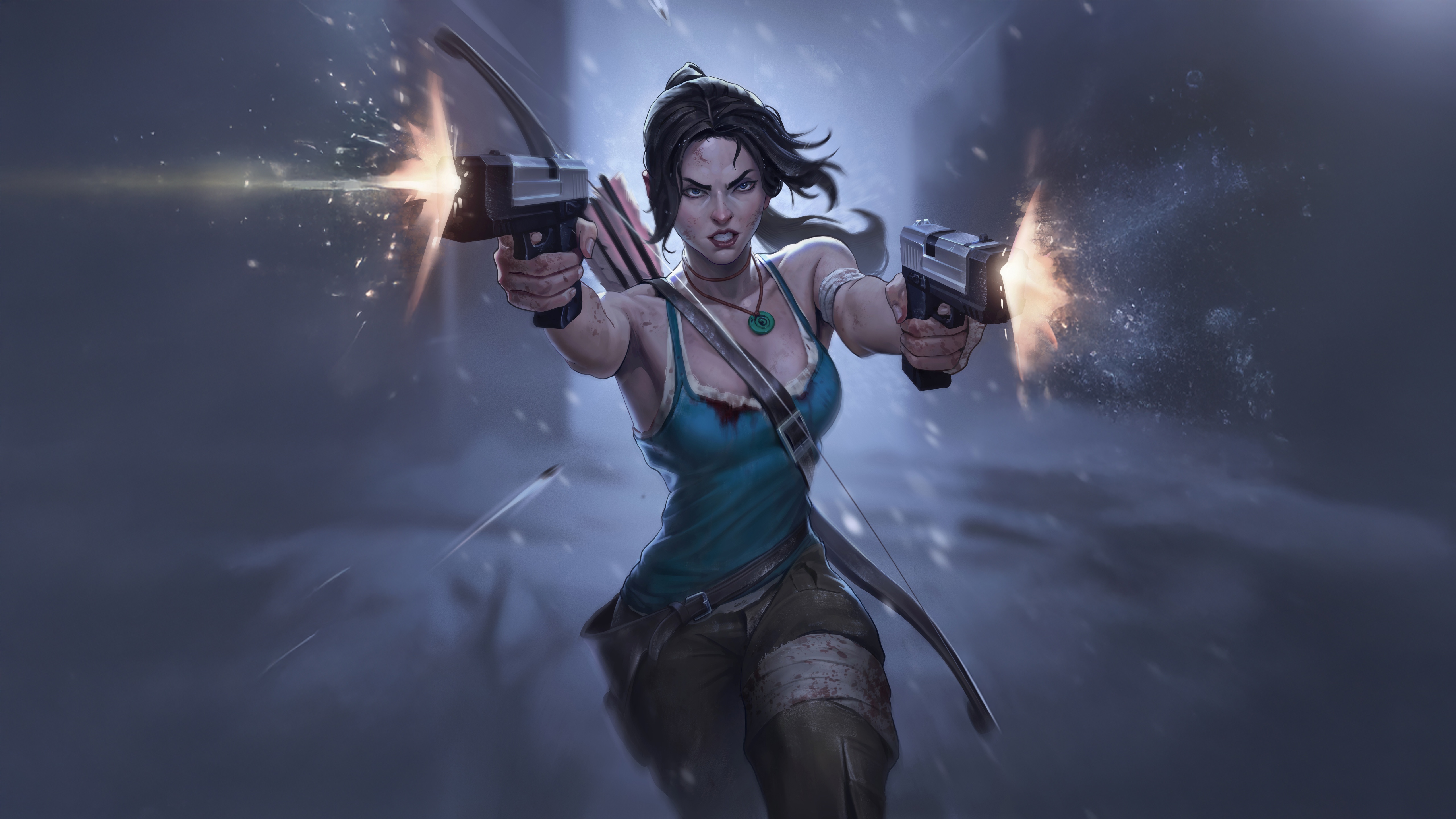 Lara Croft in action with guns and bow HD Wallpaper