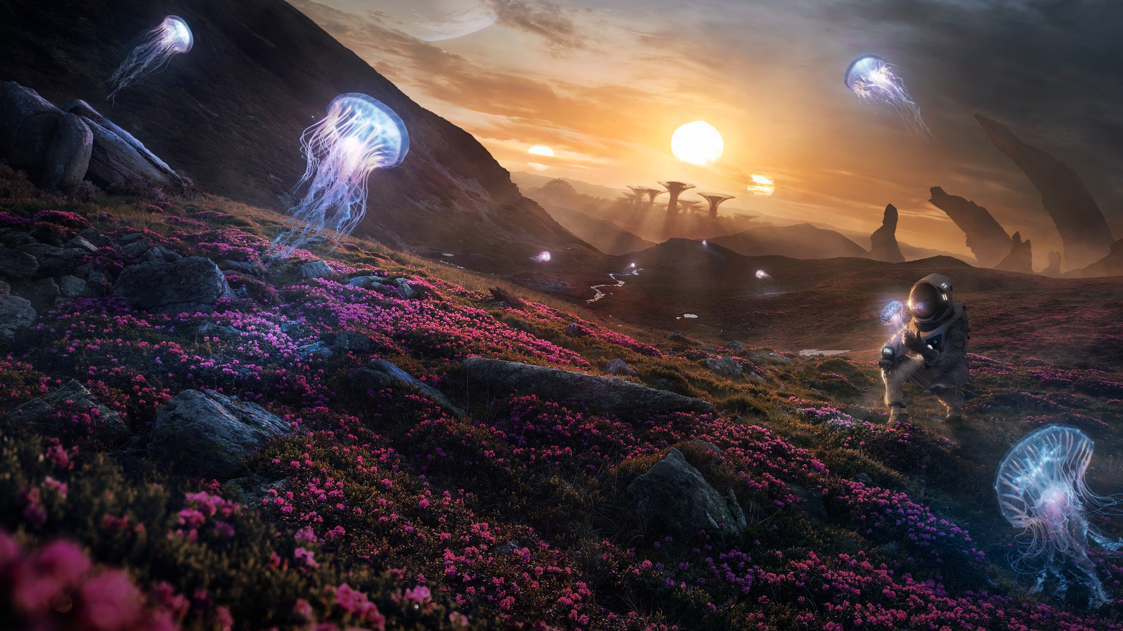 Astronaut on alien planet with glowing jellyfish HD Wallpaper