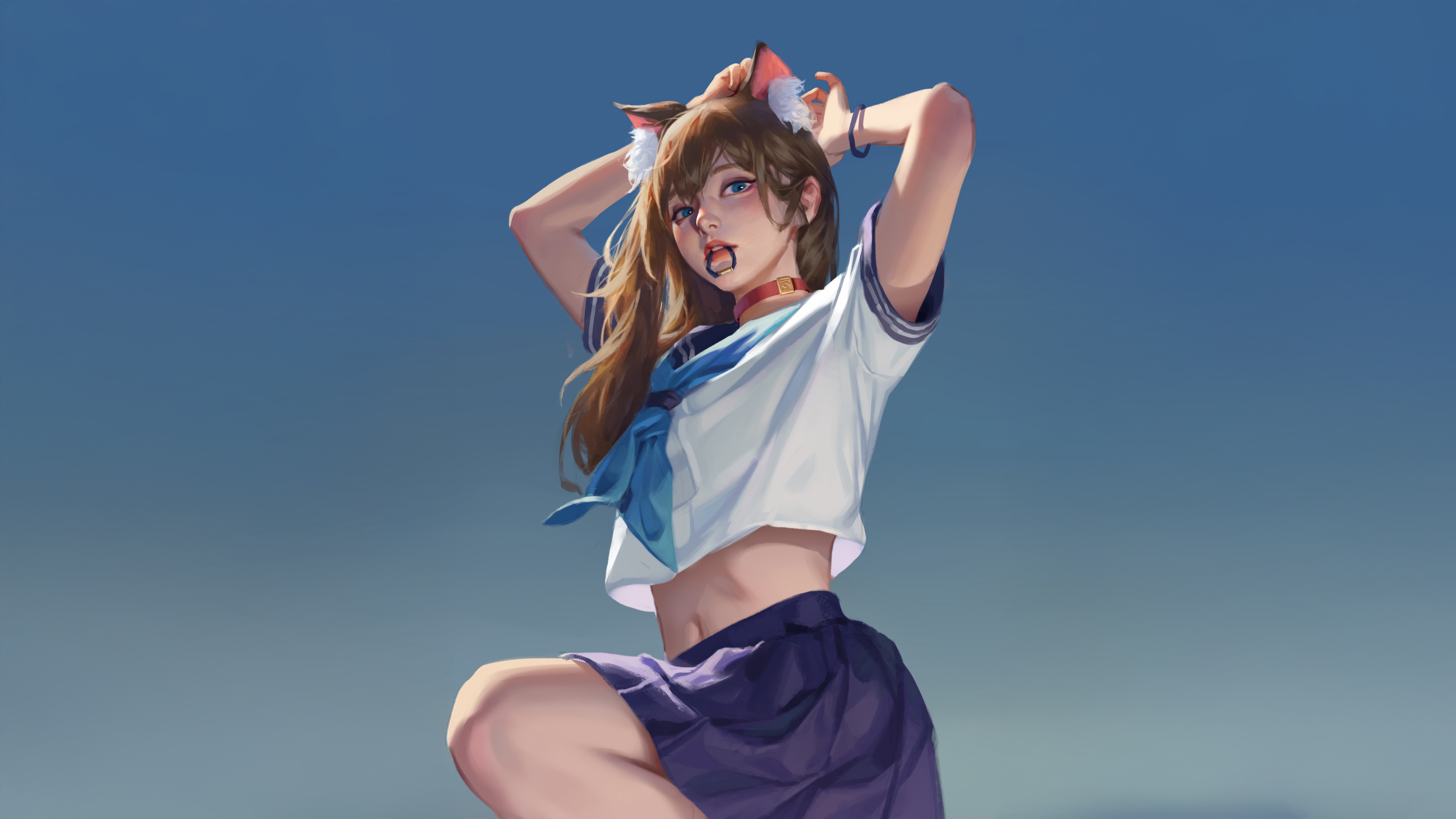 Anime Girl with Cat Ears and Sailor Uniform HD Wallpaper
