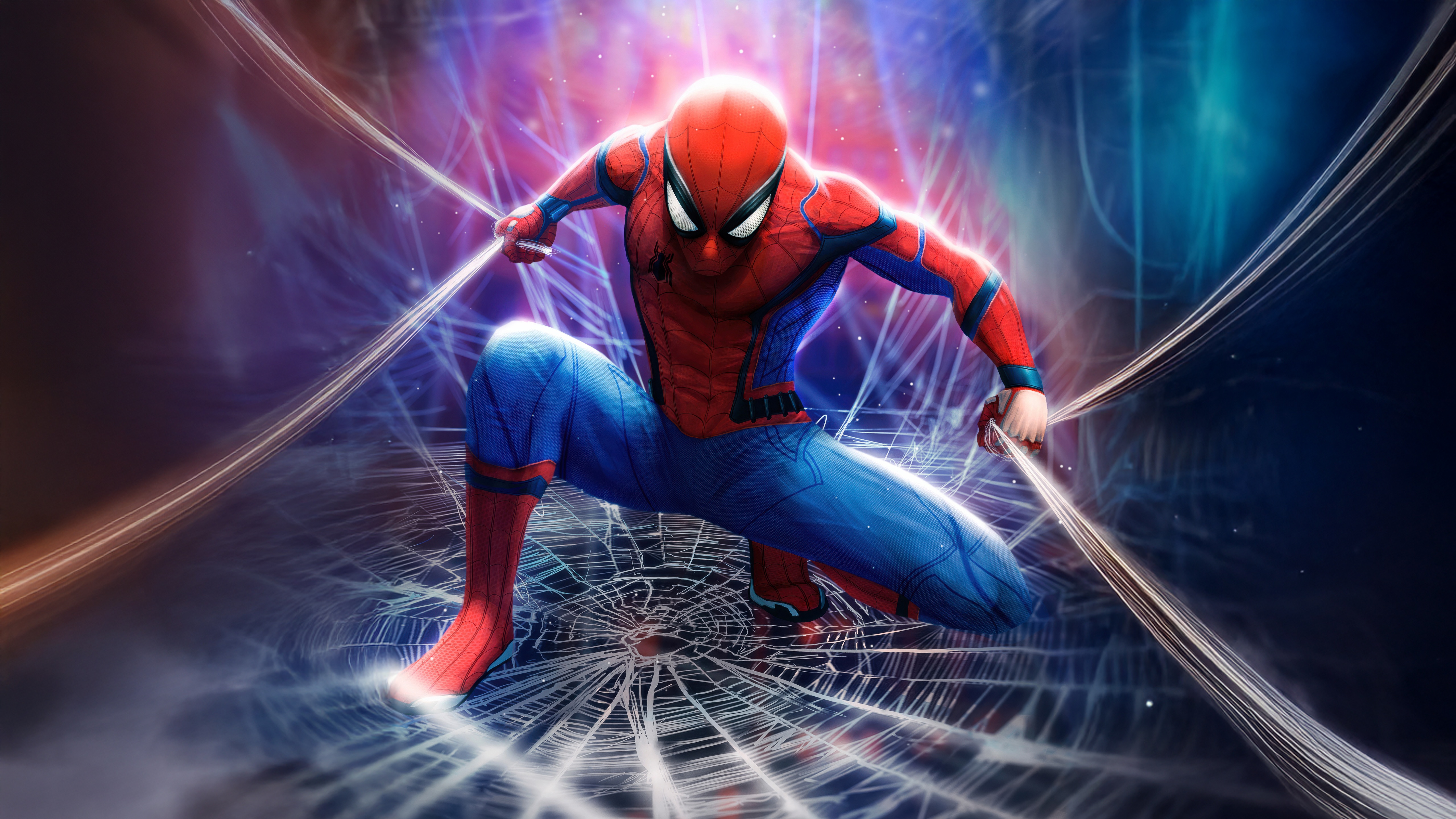 Spider-Man in a dynamic pose with webs HD Wallpaper
