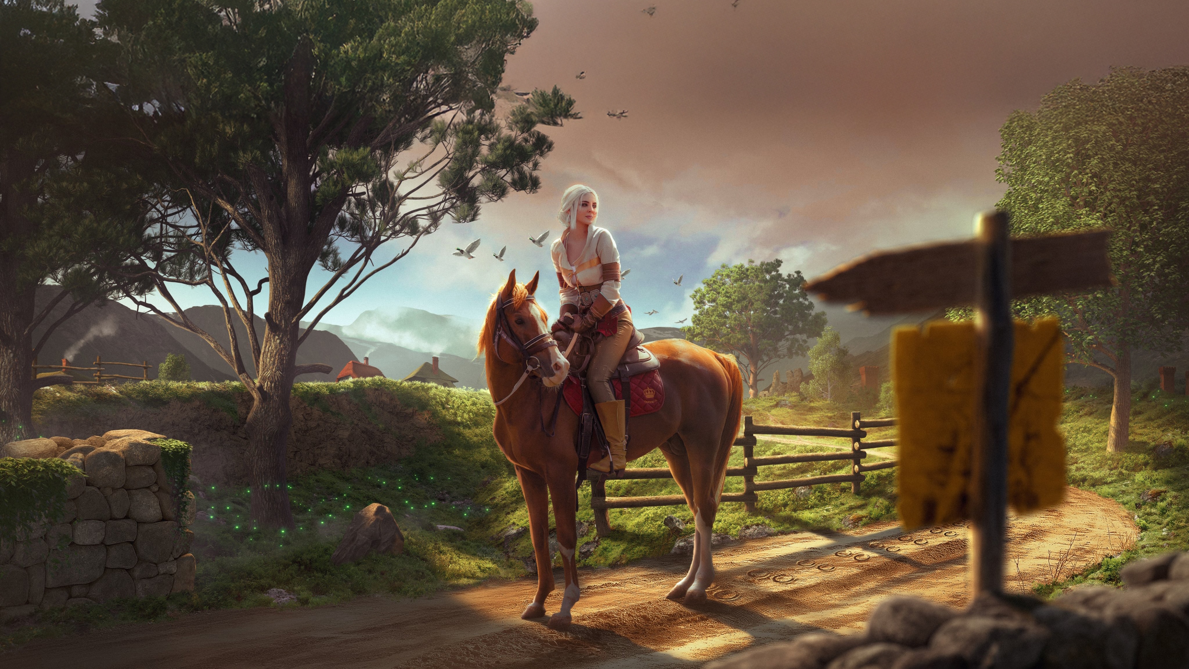 Ciri on horseback in a rural landscape HD Wallpaper