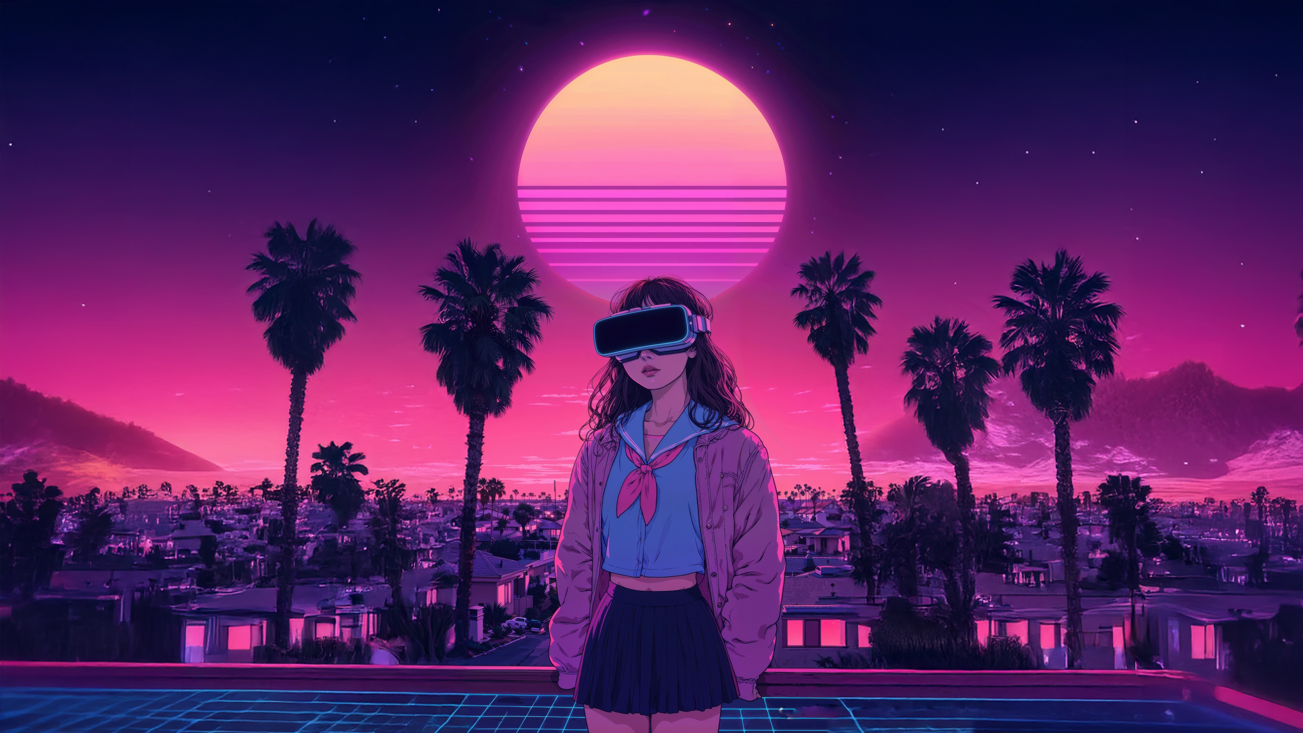 Anime School Girl in Virtual Reality with Palm Trees HD Wallpaper