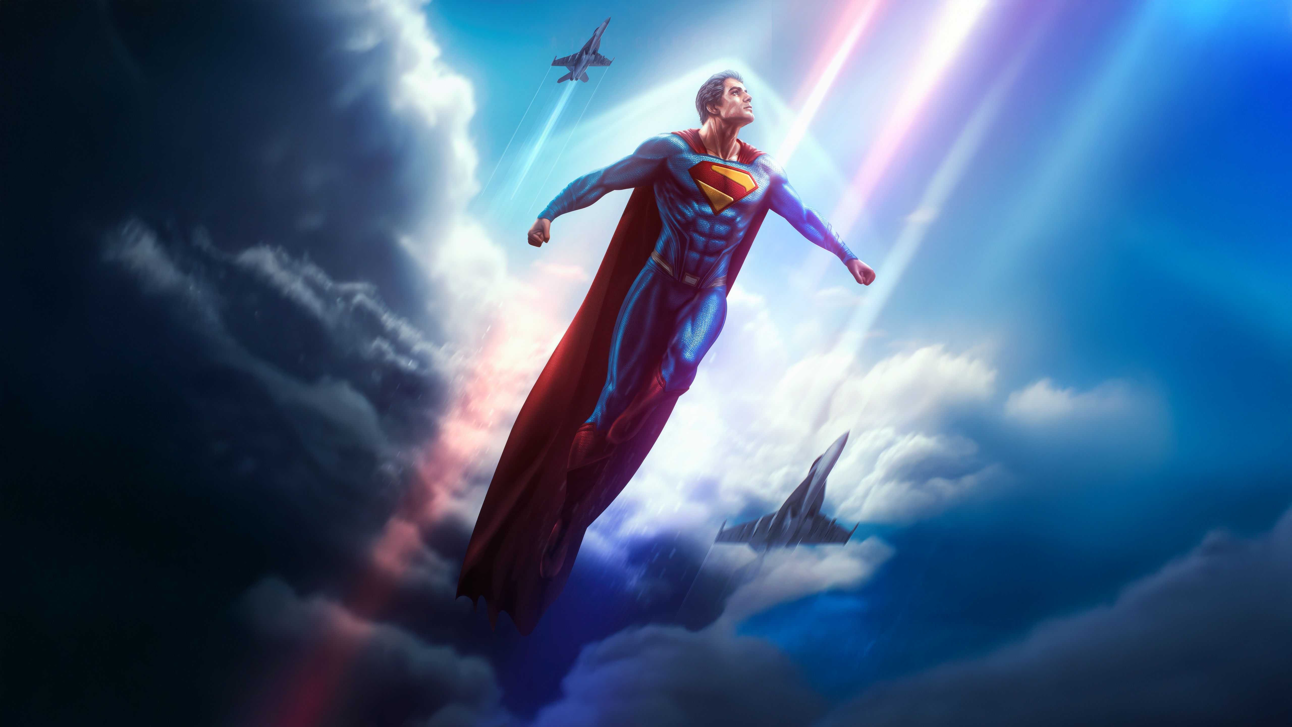 Superman Flying Through Clouds with Jets HD Wallpaper