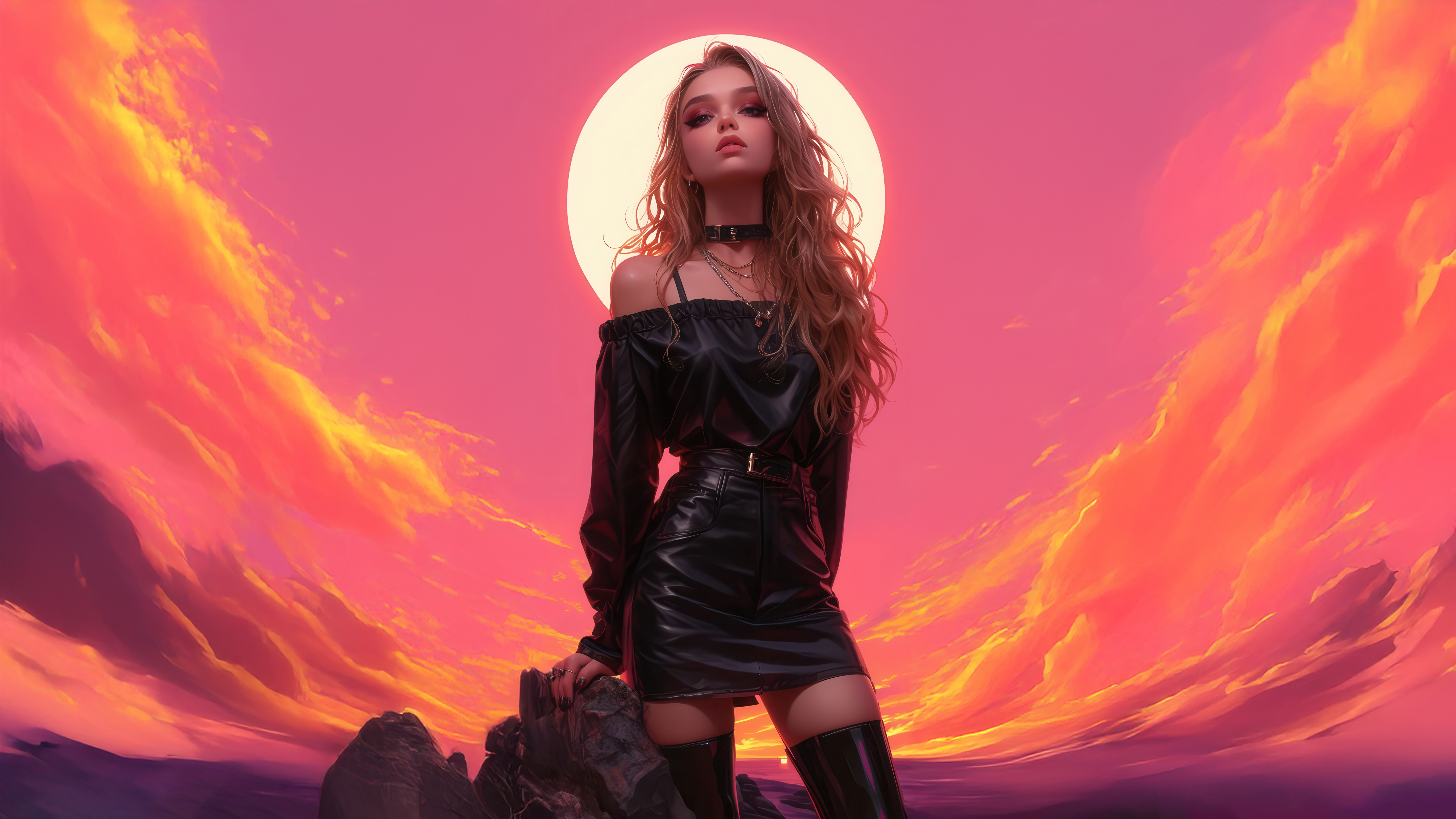 Moody girl in black dress against pink sunset HD Wallpaper