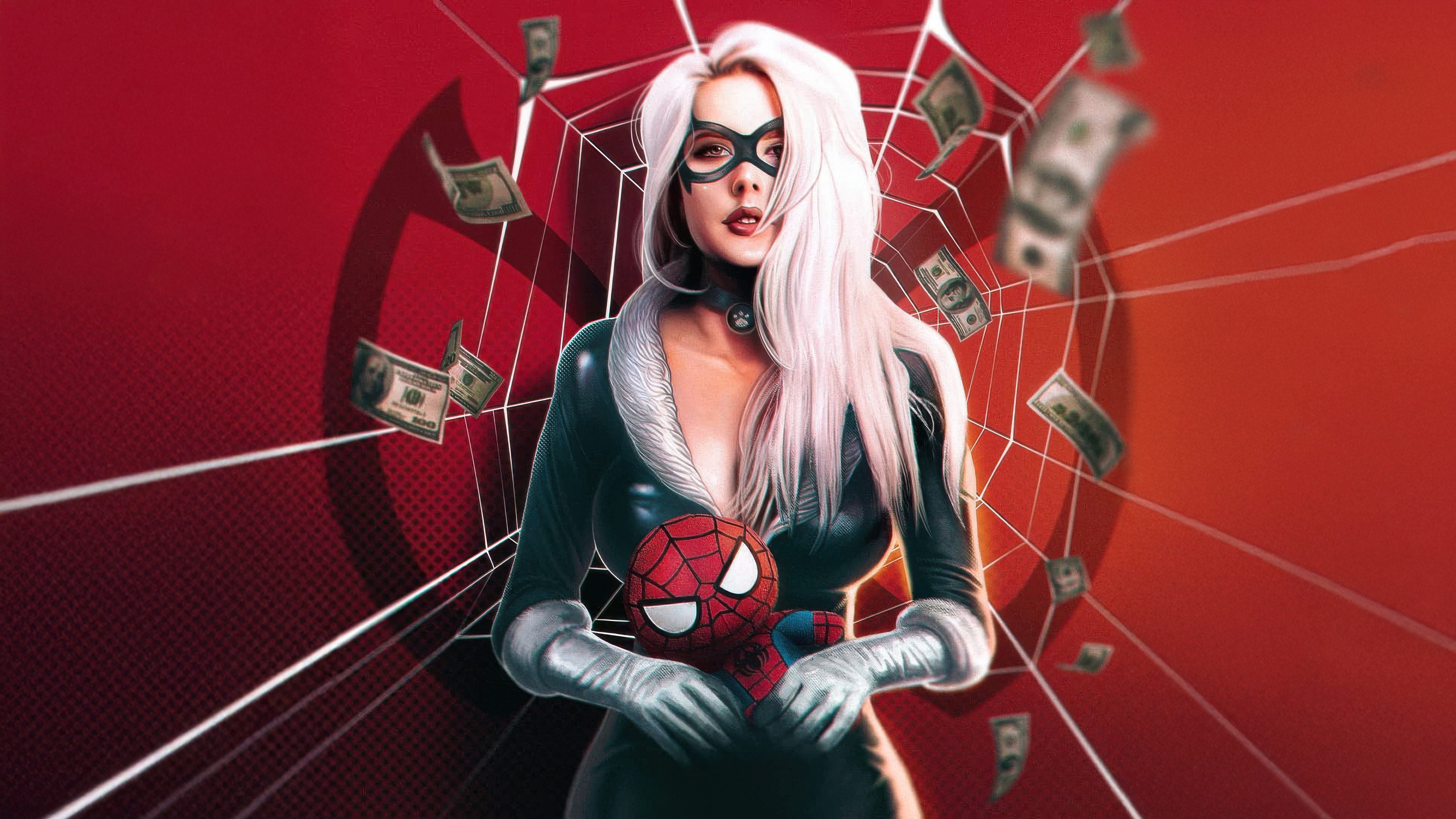 Black Cat holding a Spider-Man plush toy HD Wallpaper