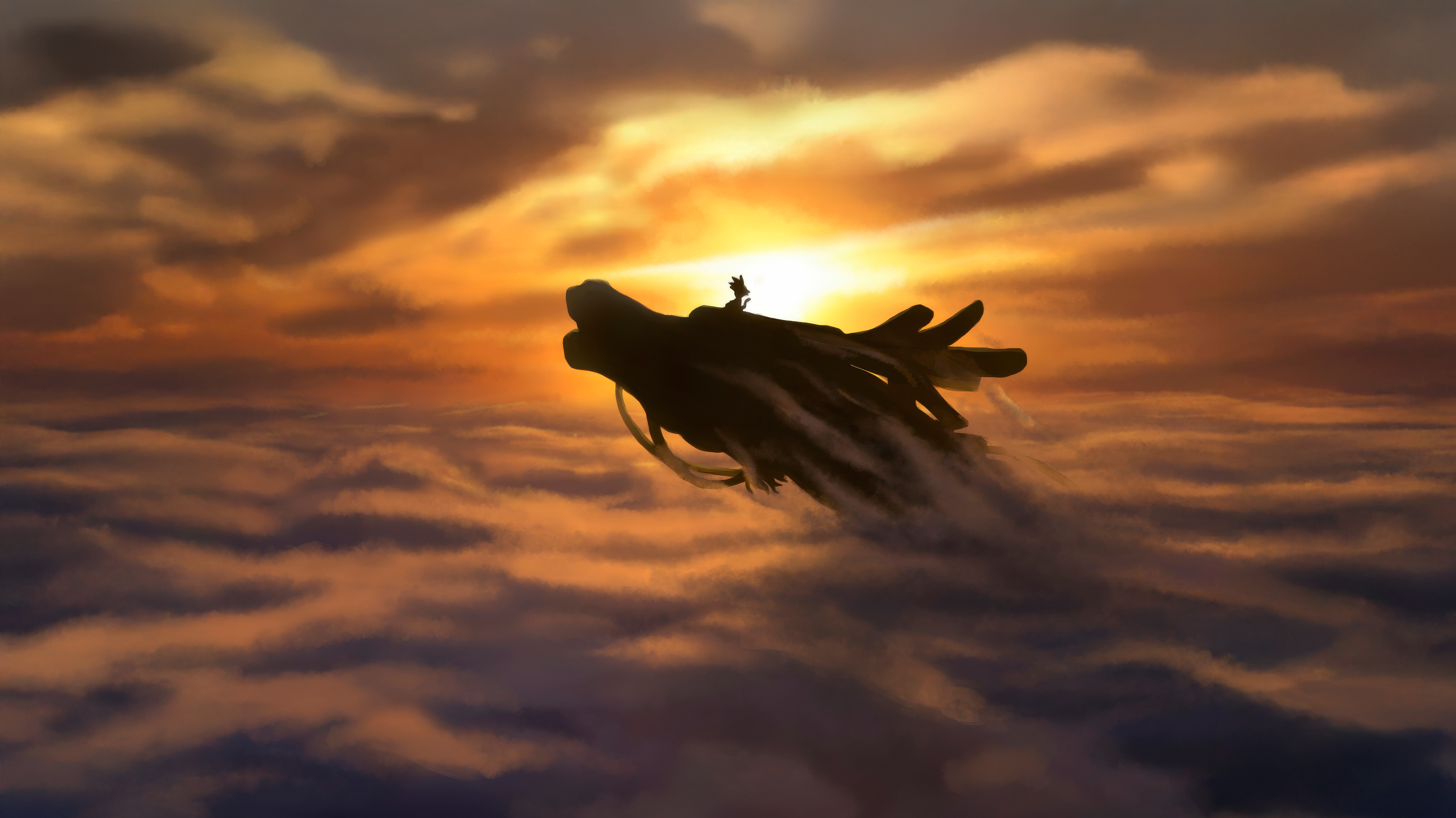 Goku riding a dragon through clouds at sunset HD Wallpaper