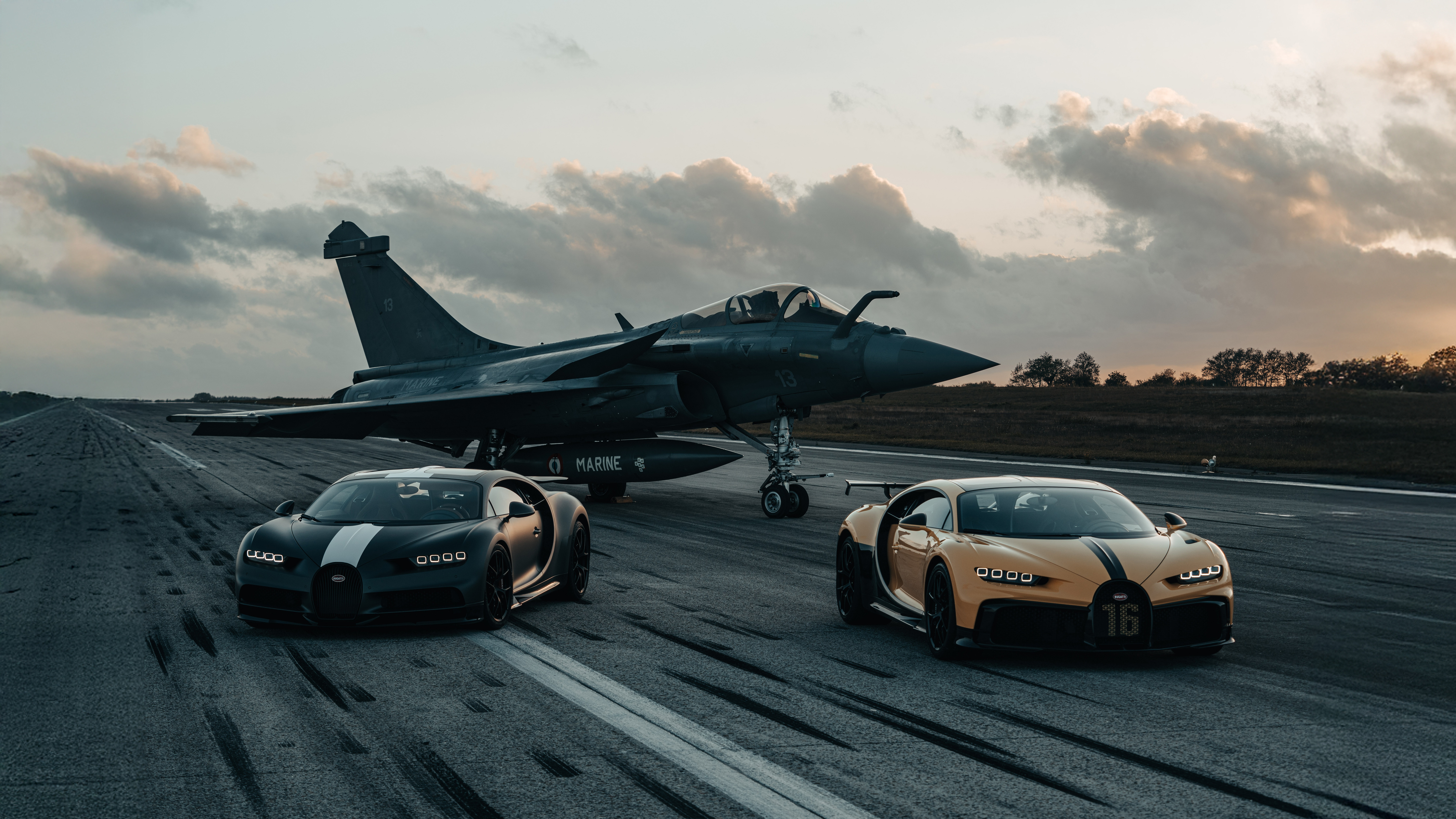 Bugatti Chirons and Fighter Jet on Runway HD Wallpaper