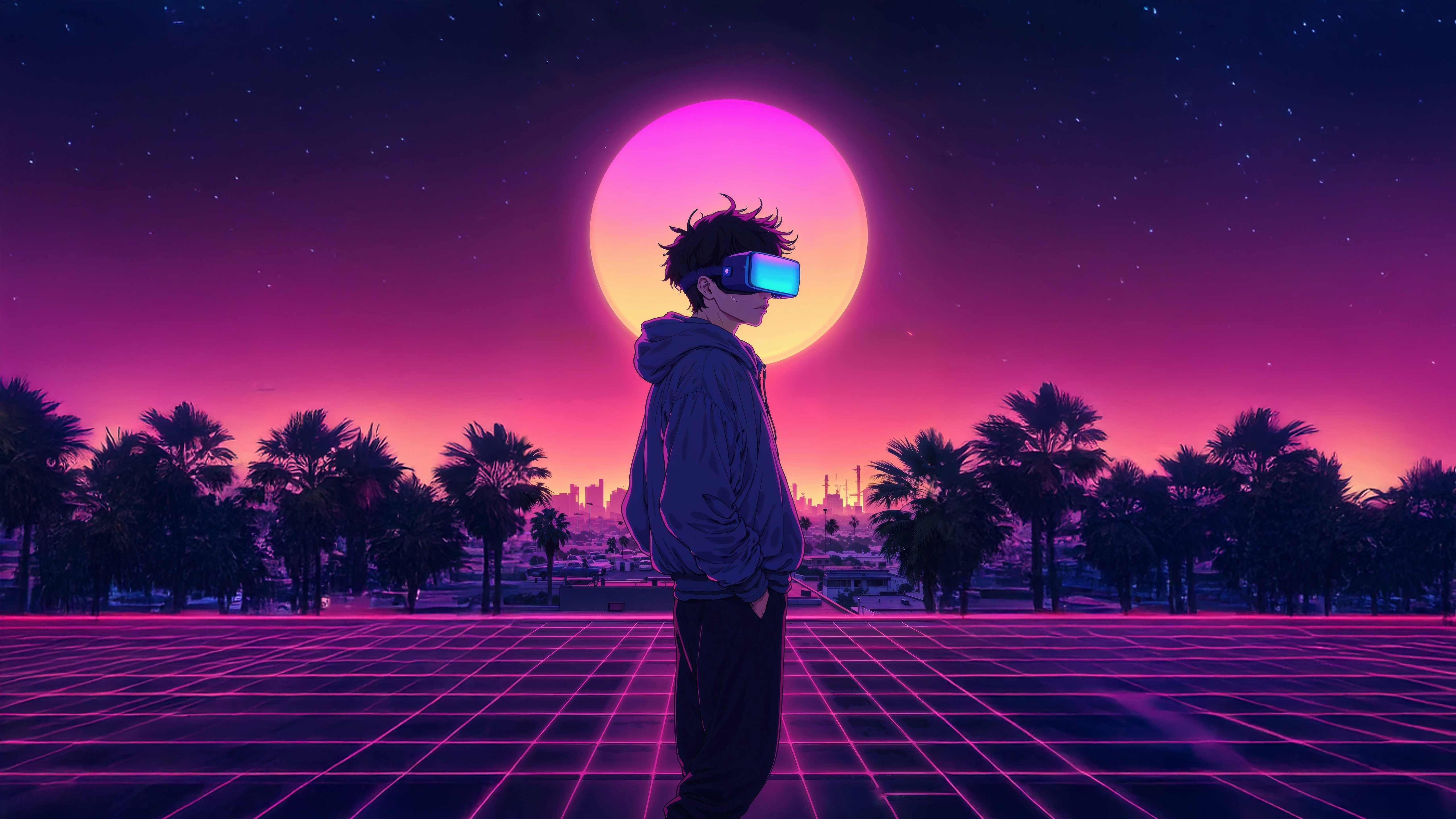 Anime Boy in Virtual Reality with Neon Grid HD Wallpaper