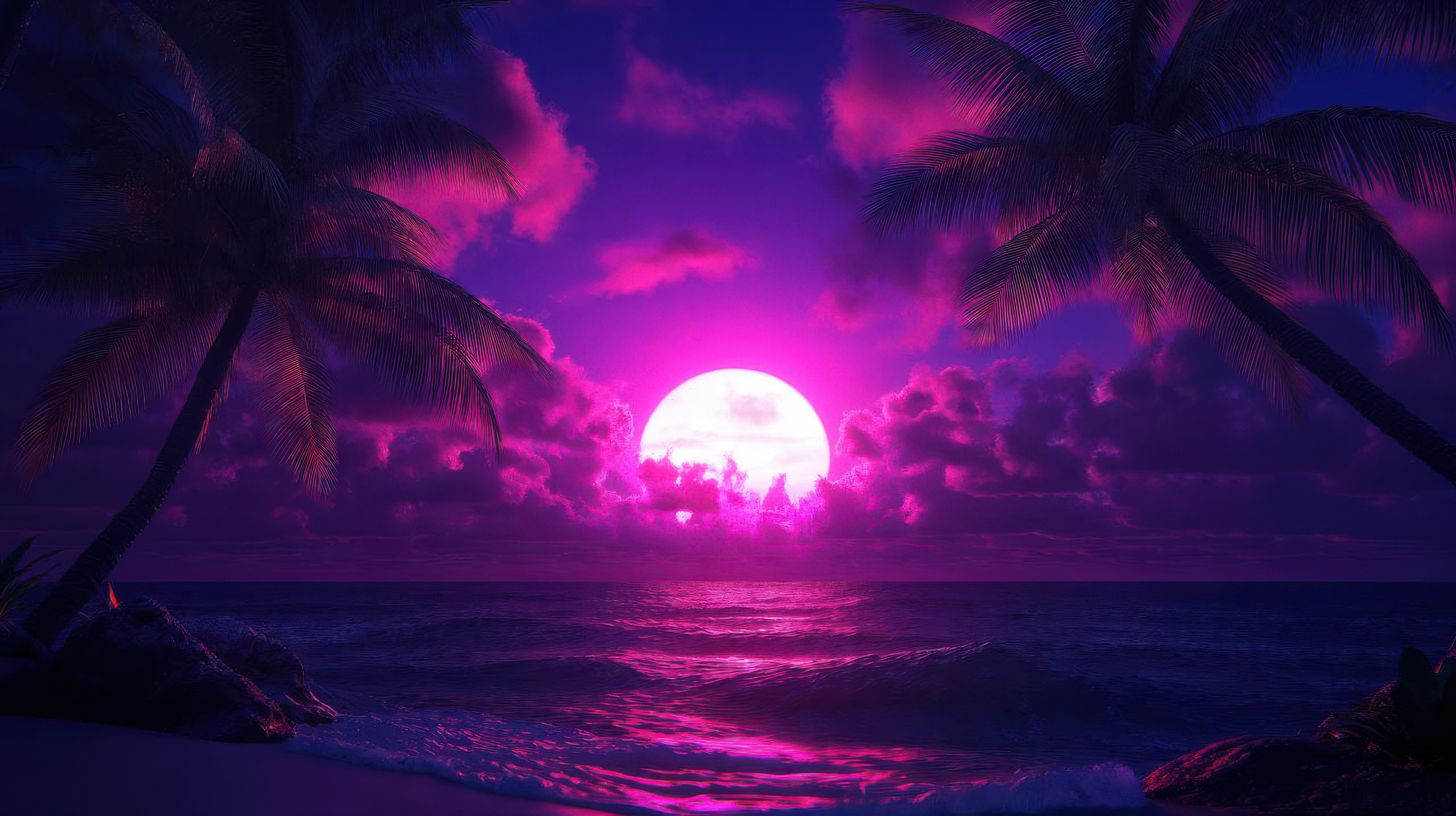 Pink Moon Over The Pacific Ocean HD Wallpaper