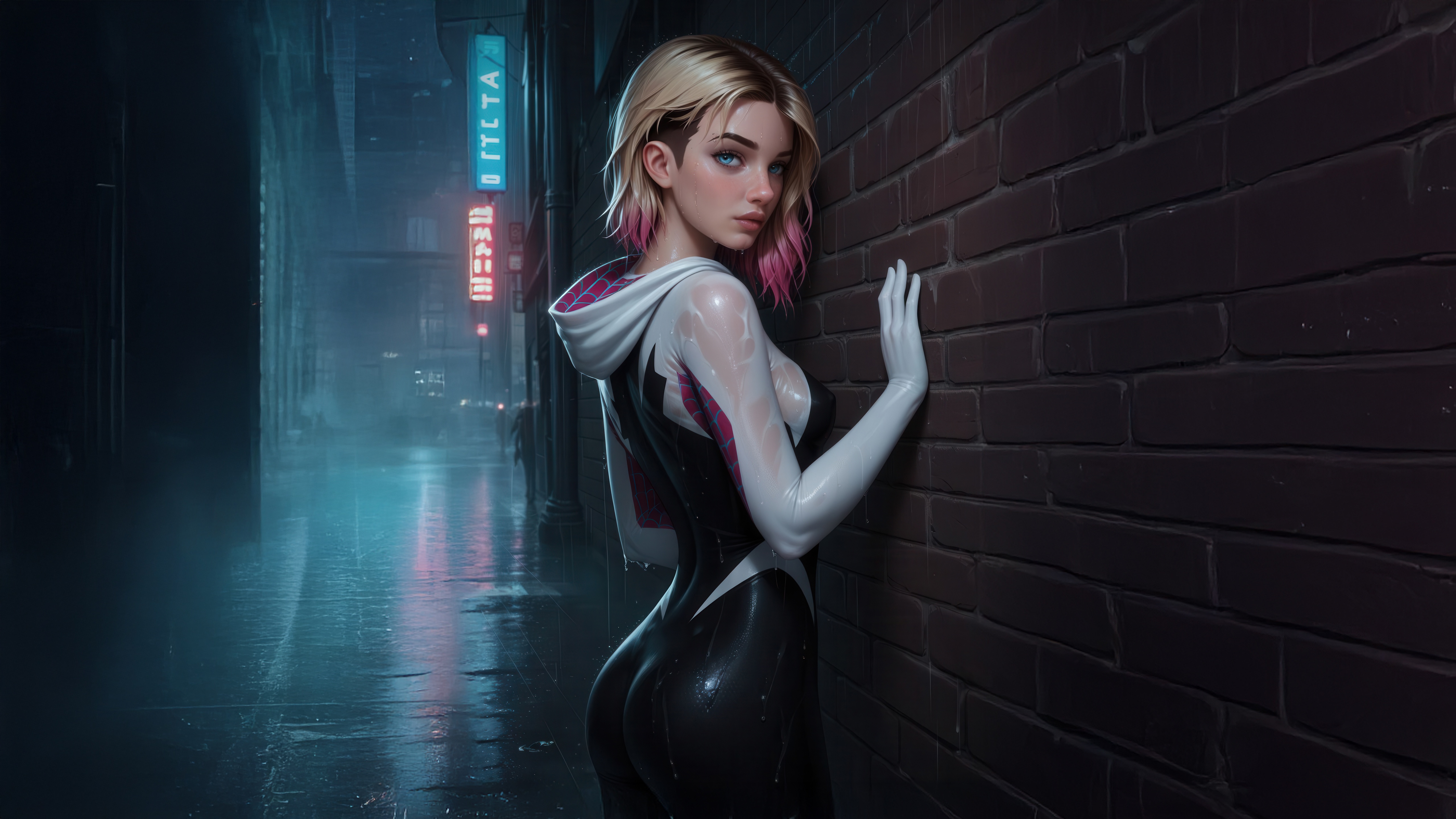 Ghost Spider leaning against a brick wall in a neon-lit alley HD Wallpaper