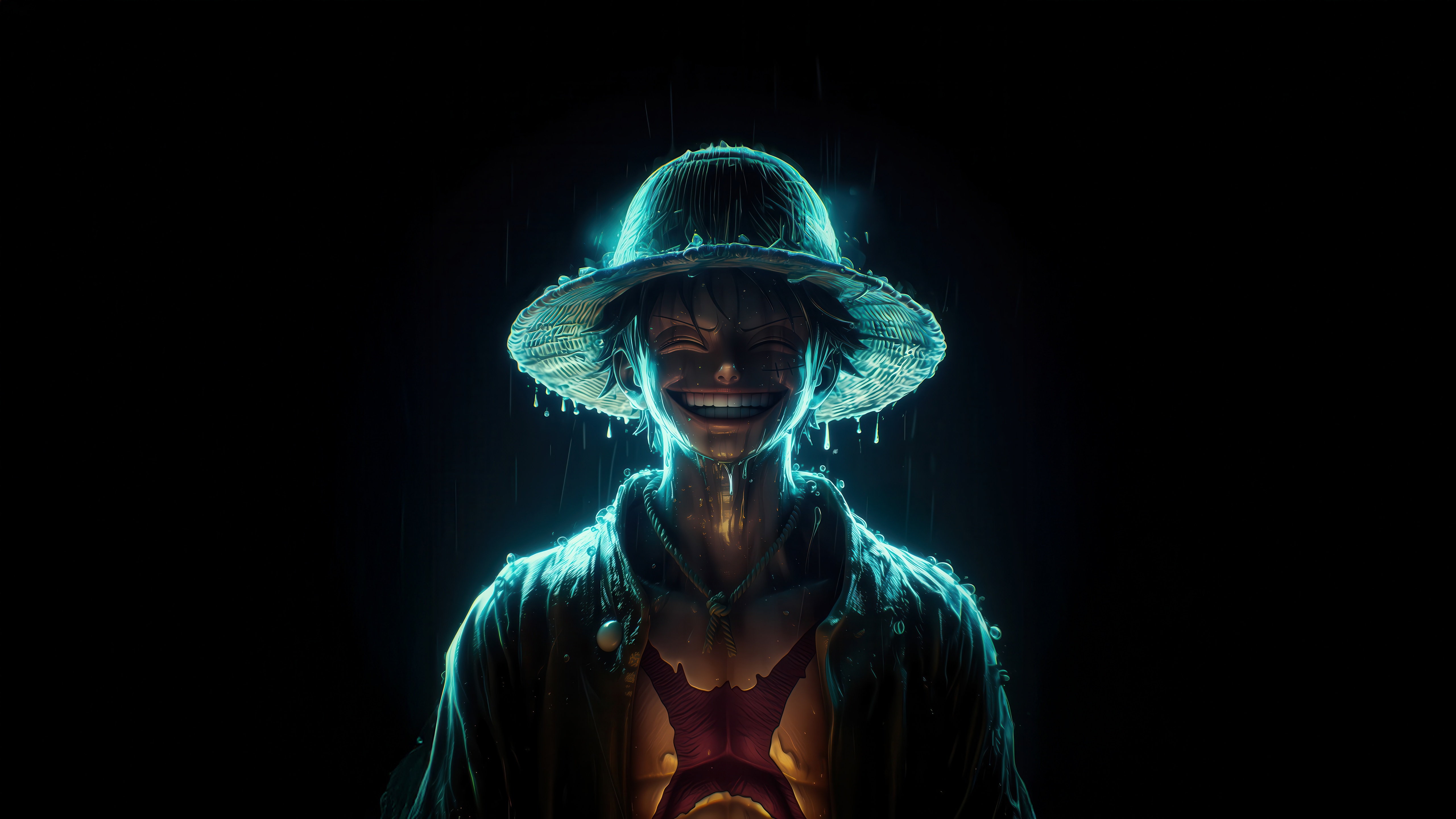 Mugiwara Luffy in Neon Blue Rain HD Wallpaper
