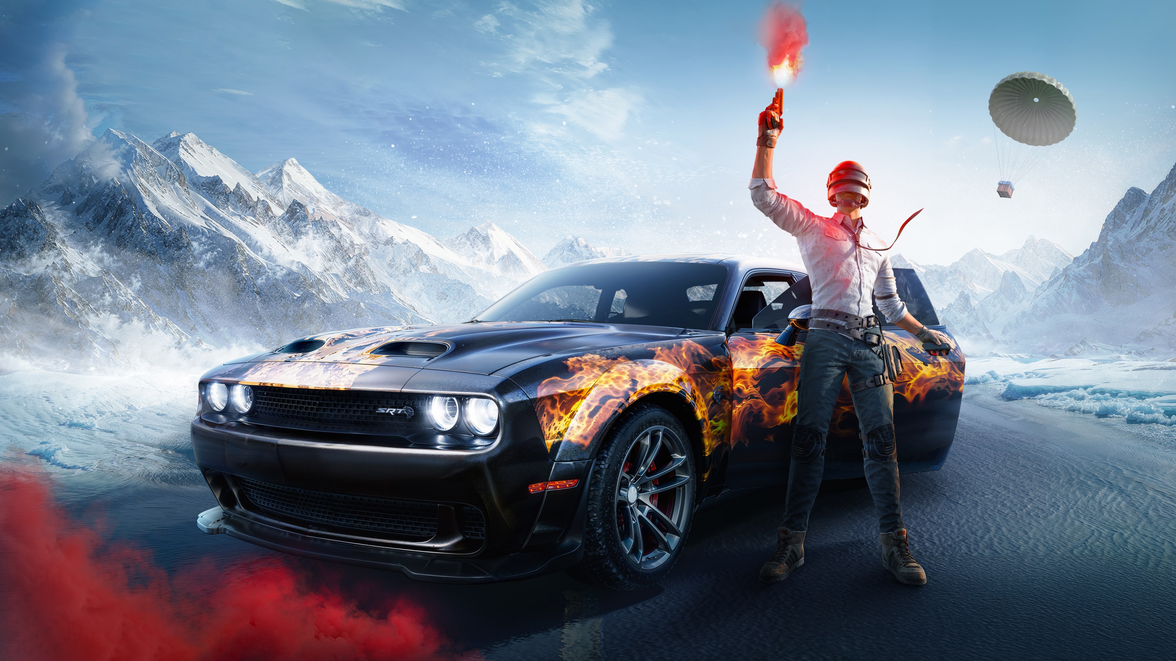 PUBG character with Dodge car in snowy mountains HD Wallpaper