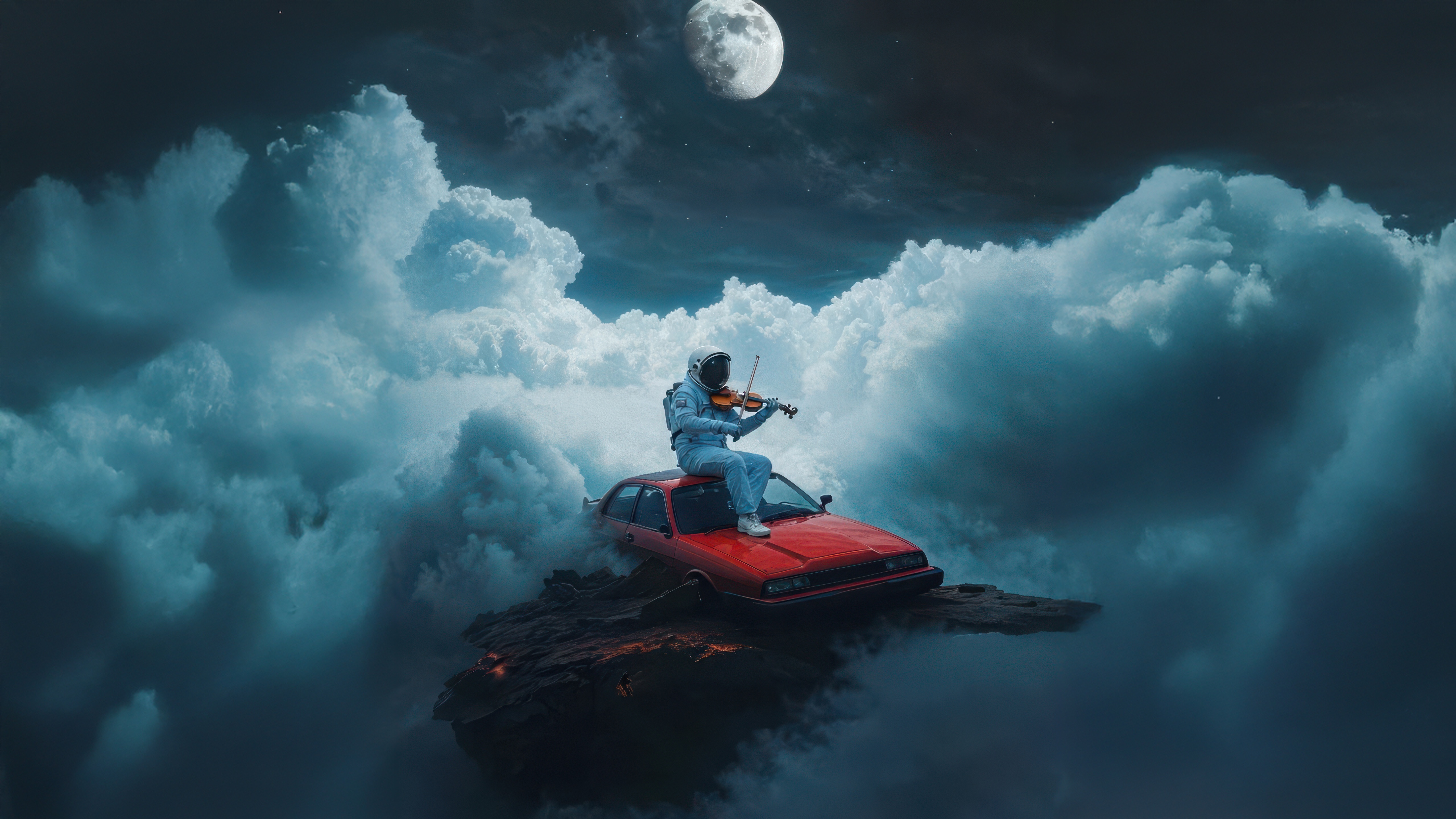 Astronaut playing violin on a red car in clouds HD Wallpaper