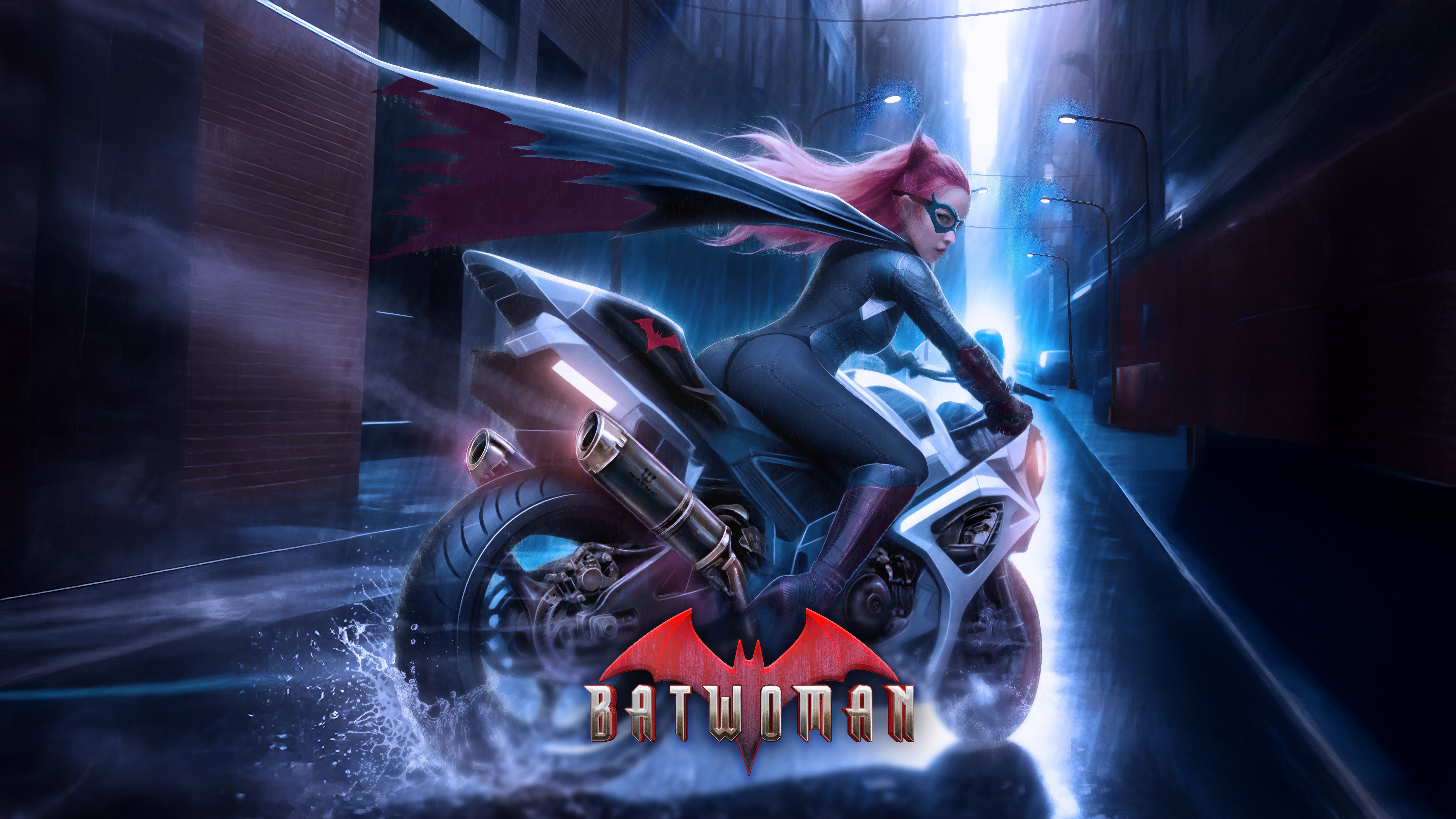 Batwoman on a Motorcycle in a City HD Wallpaper