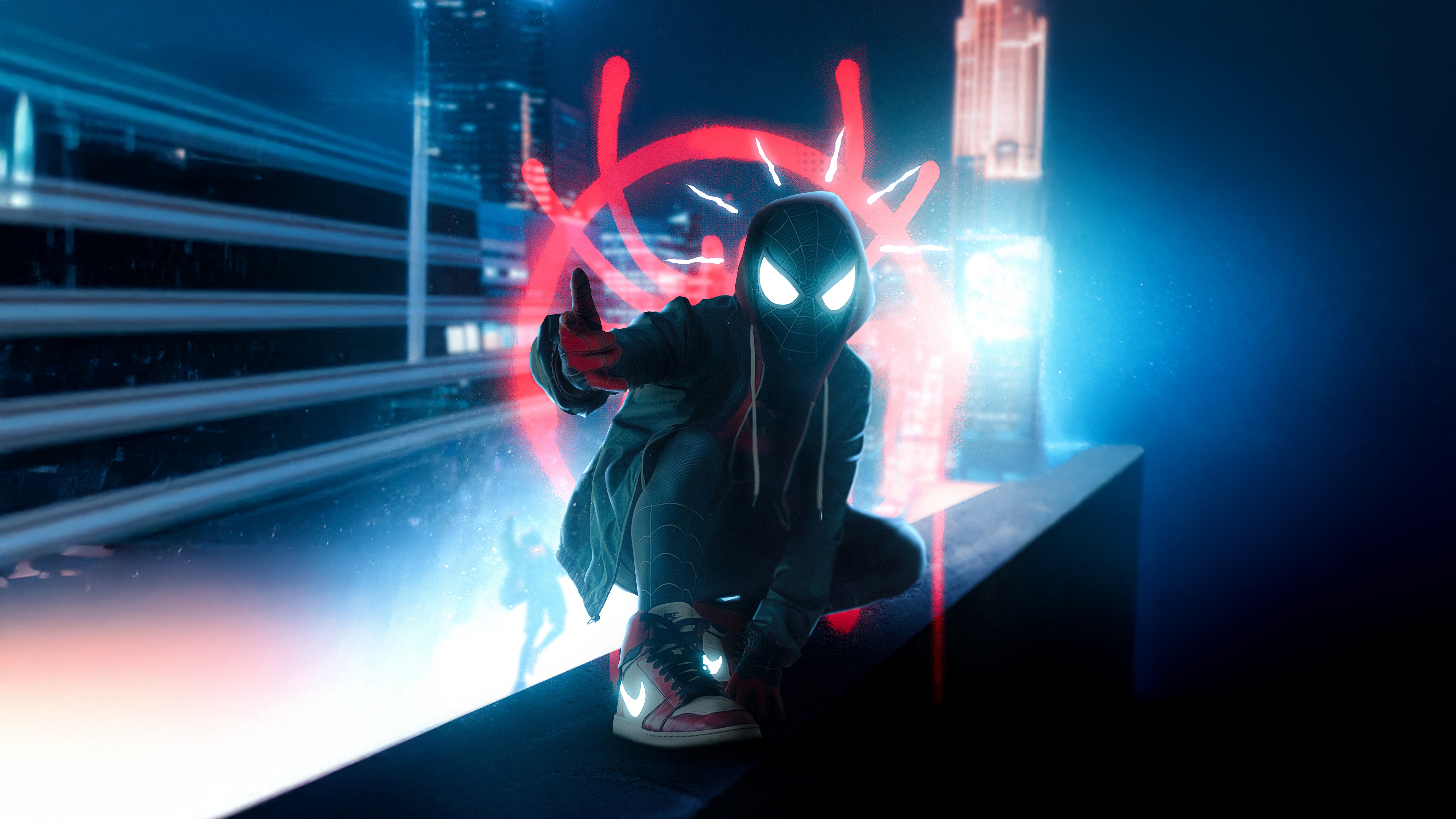 Miles Morales in a neon city HD Wallpaper