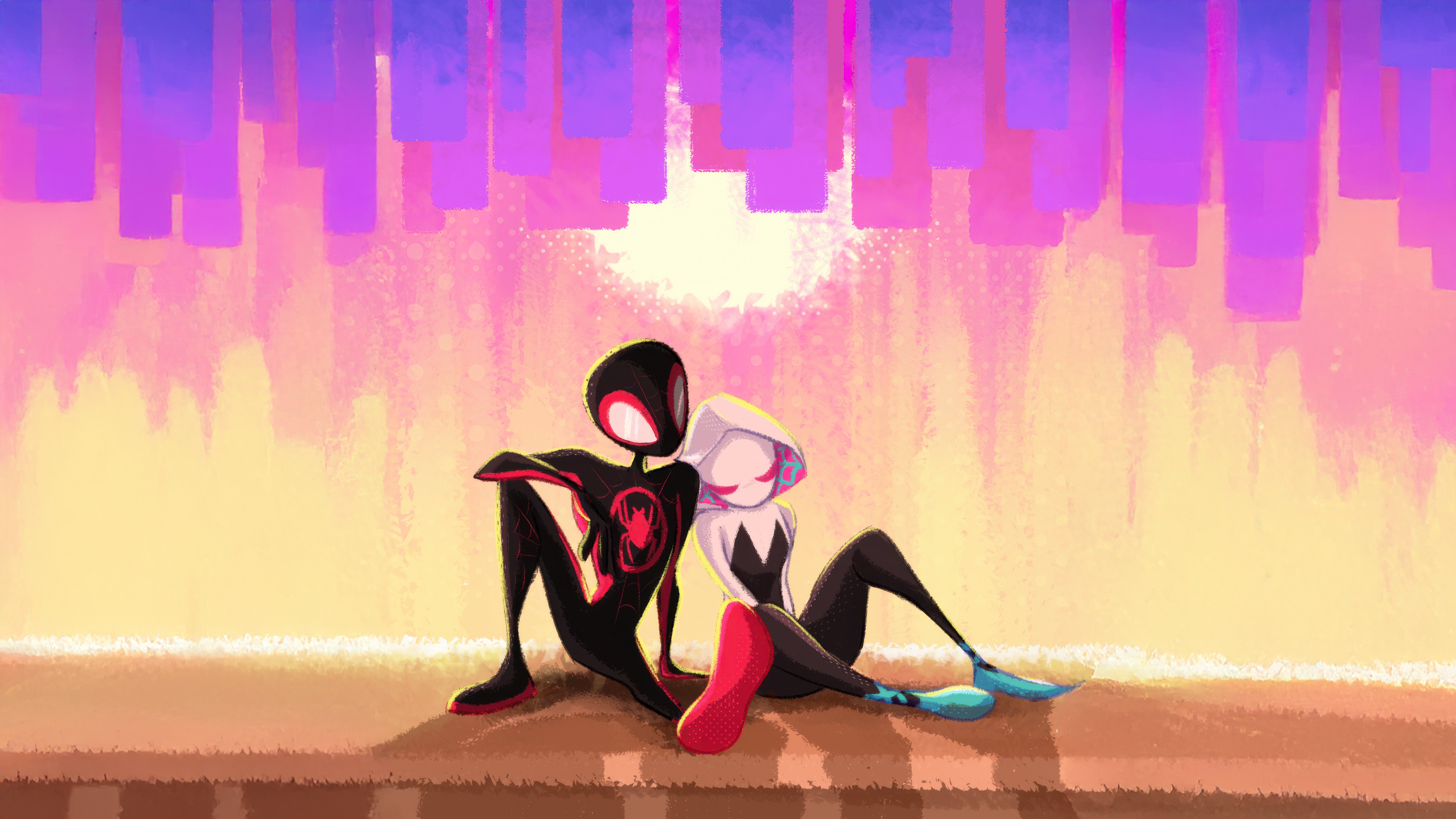 Miles Morales and Gwen Stacy sitting together HD Wallpaper