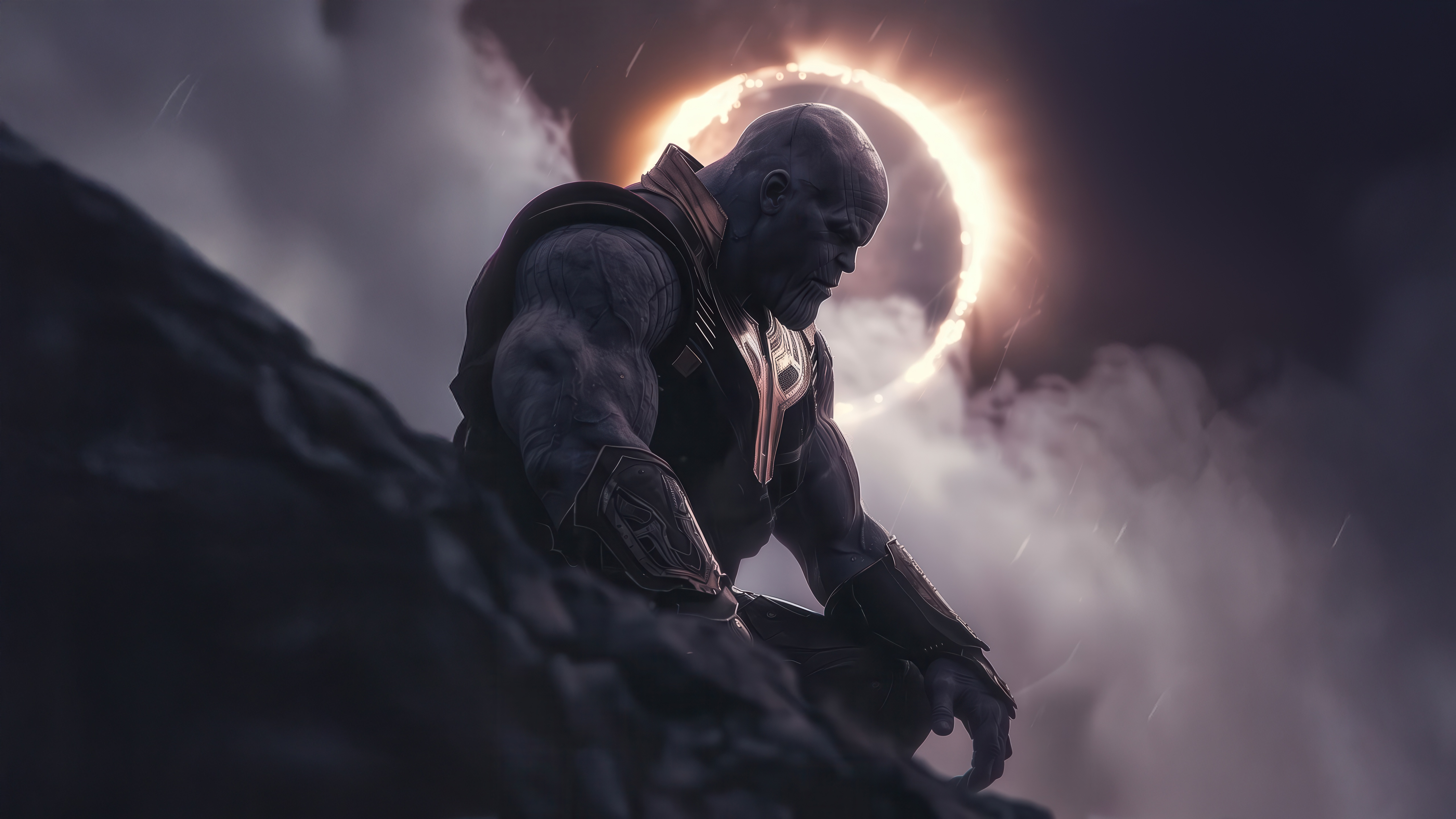 Thanos Sits on a Rock with a Ring of Light Behind Him HD Wallpaper
