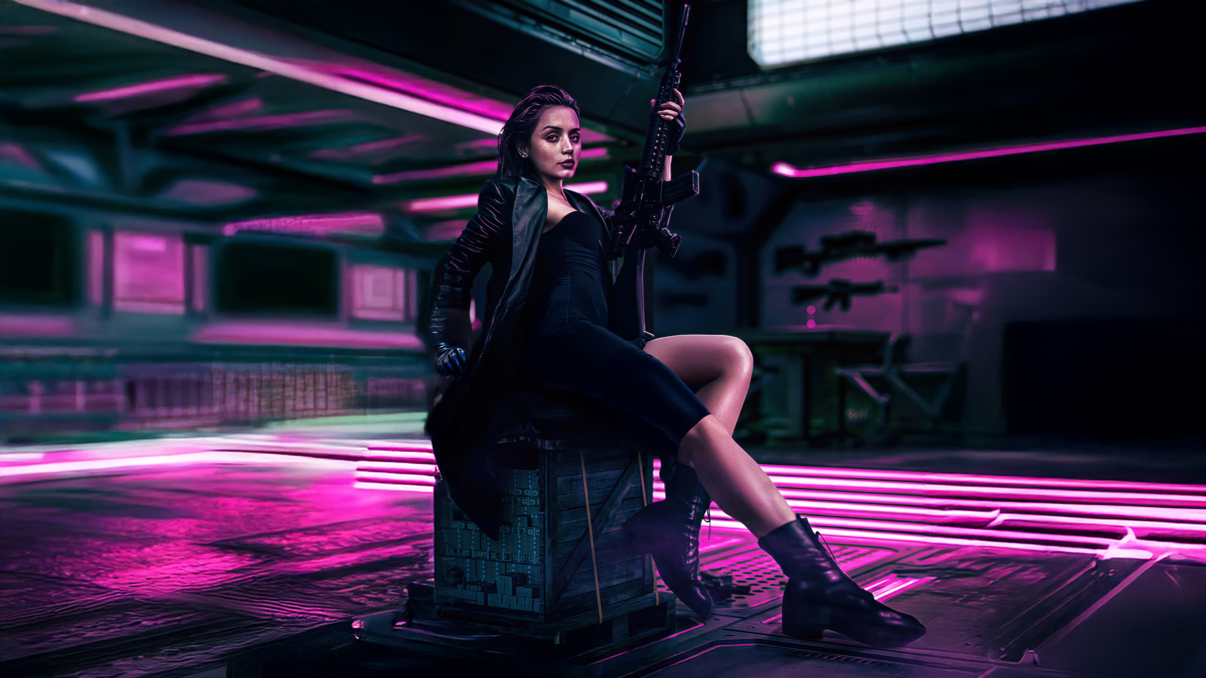 Ana De Armas as The Ballerina Fighter with a Rifle HD Wallpaper